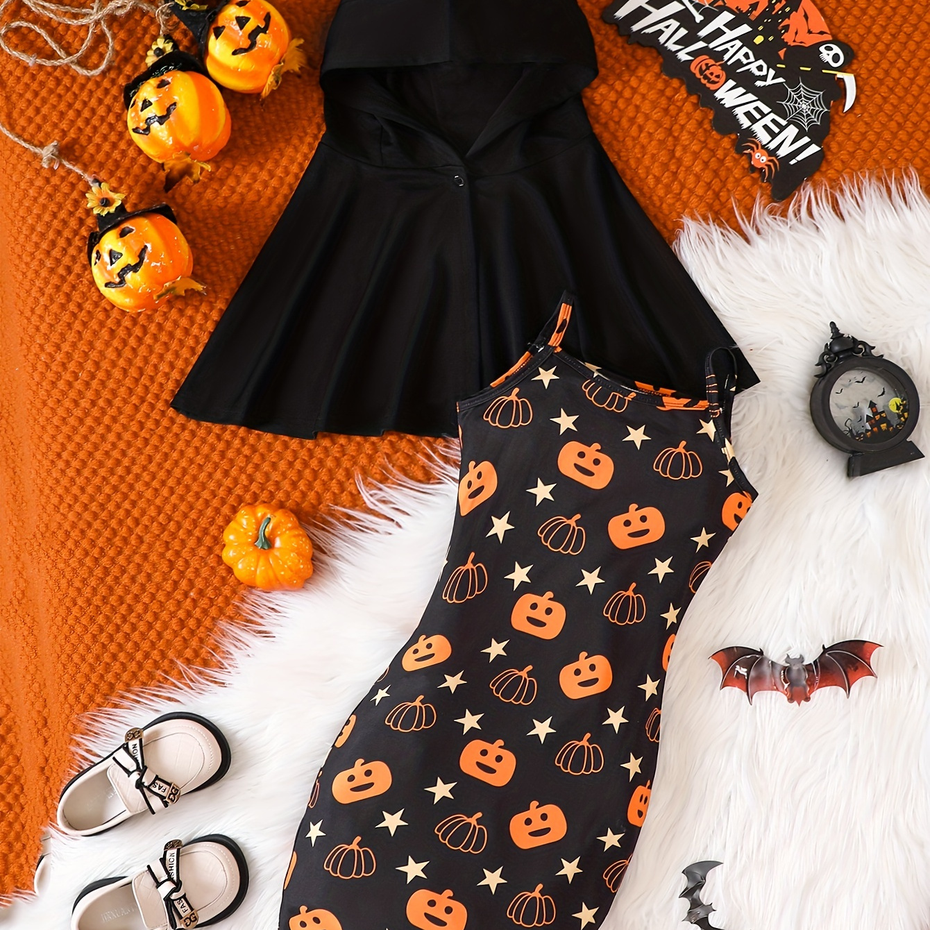 Girls Halloween Sets Cropped Hooded Cloak Pumpkin Print - Temu