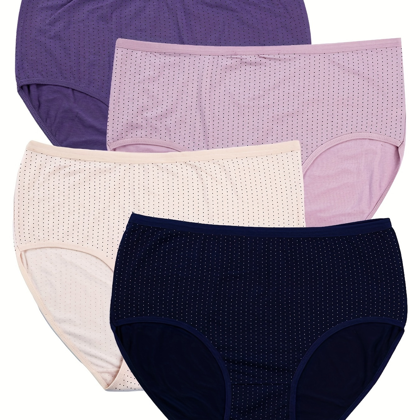 

4 Pack Plus Size Simple Panties Set, Women's Plus Dot Print High Rise Comfort Underwear 4 Pieces Set