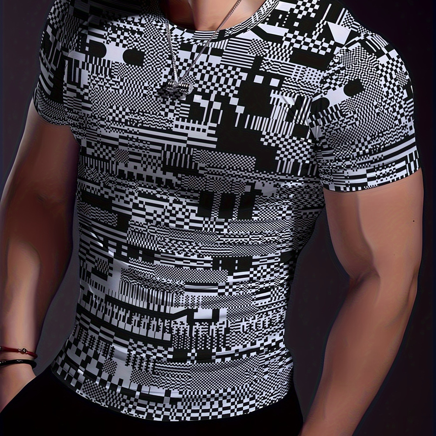 

Men's Geometric-patterned T-shirt, 3d Print Polyester Knit Fabric, High Stretch Crew Neck, Short Sleeve, Tear Resistant, Casual Sports Top For Hiking, Yoga, Running, Training - Summer Pullovers