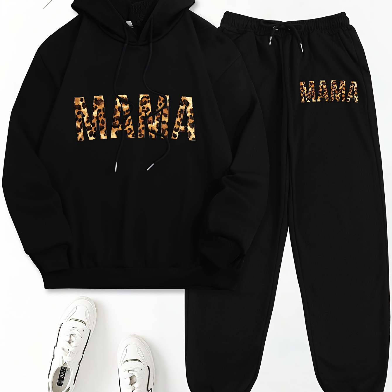 

Leopard Letter Print Two-piece Set, Casual Long Sleeve Hoodie & Drawstring Sweatpants Outfits, Women's Clothing