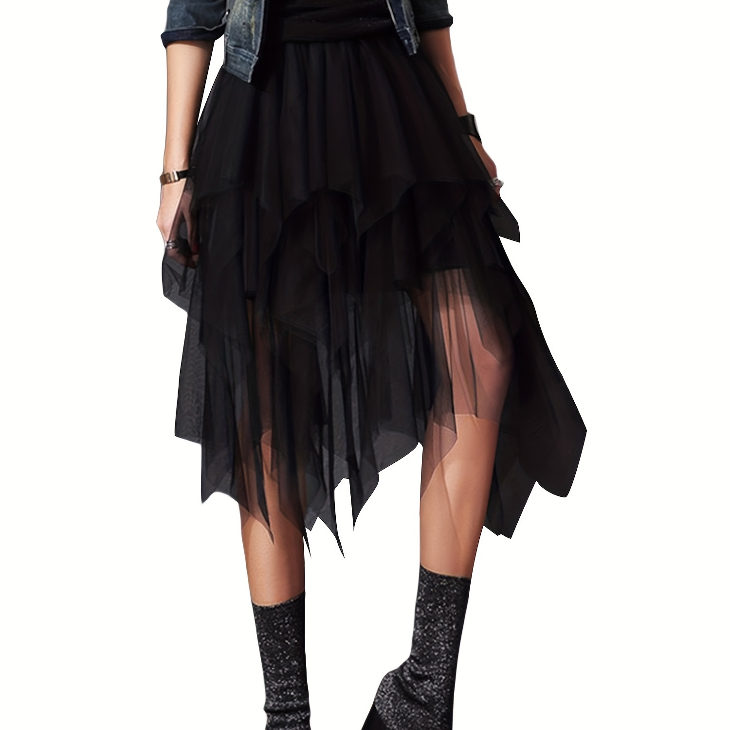 

High Waist Layered Tulle Skirt, Elegant Irregular Hem Mesh Skirt For Daily Wear, Women's Clothing