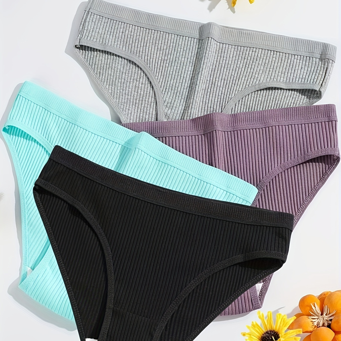 

4pcs Simple Solid Ribbed Panties, Breathable & Comfy Low Intimates Panties, Women's Lingerie & Underwear