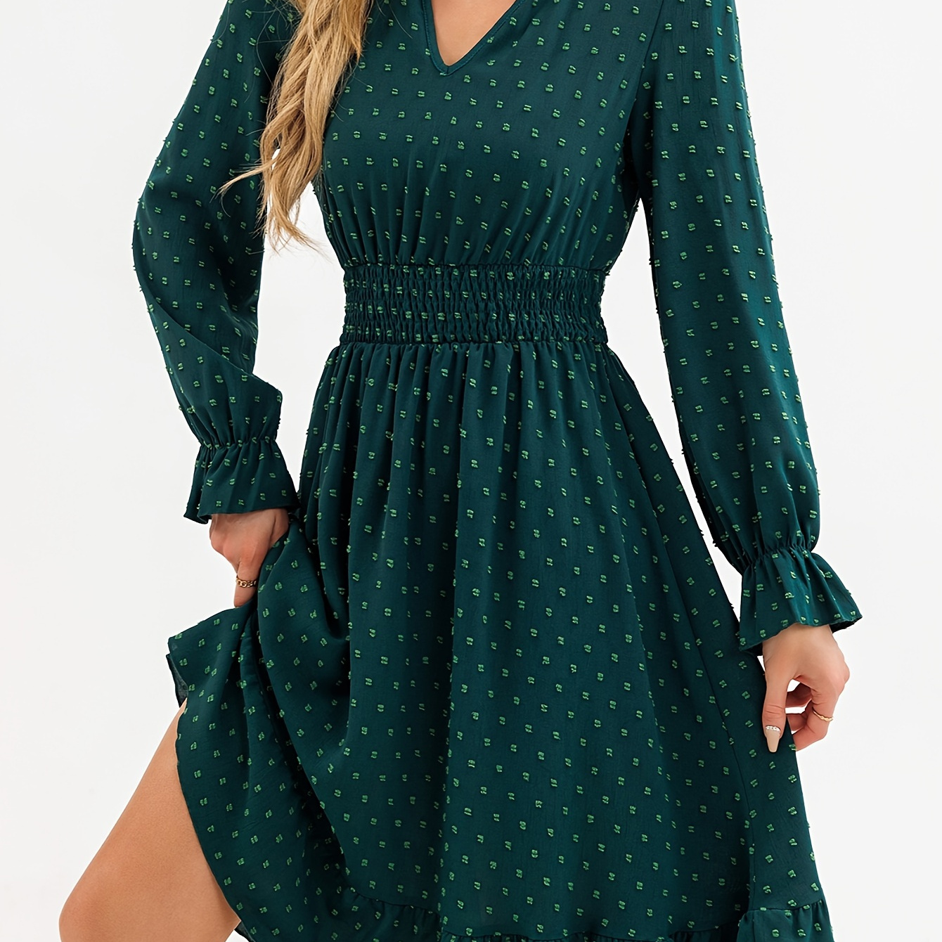 

Elegant Women's Floral Print Midi Dress With Ruffle V-neck And Long Sleeves - Chic Green With White Accents, Spring/fall, 100% Polyester, Machine Washable