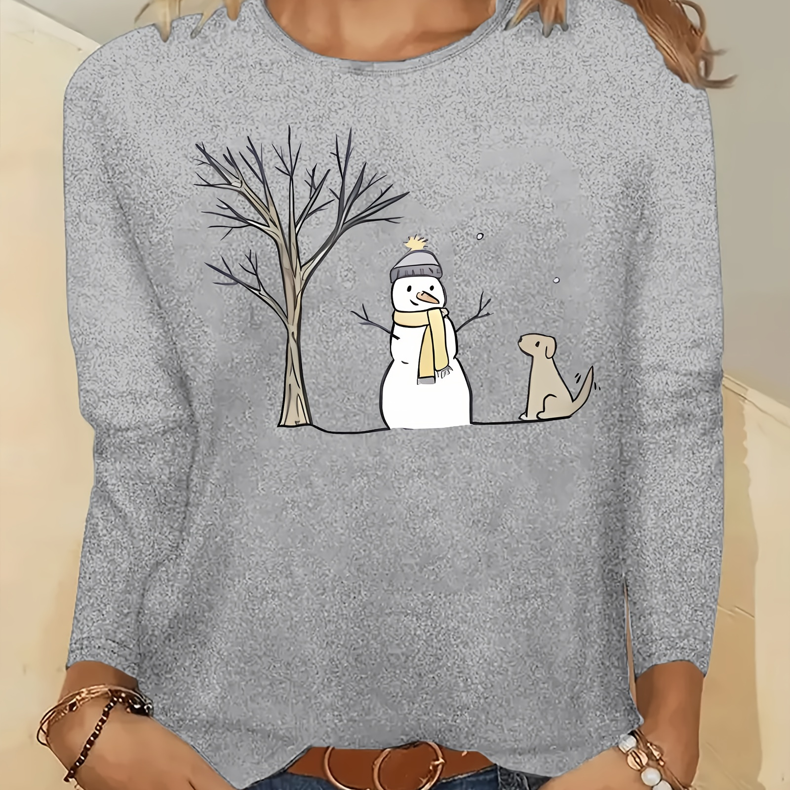 

Women's Cozy Christmas Snowman & Dog Print Long Sleeve Crew Neck Sweatshirt, Casual Polyester Knit Pullover With Winter Design, Gray, Fit