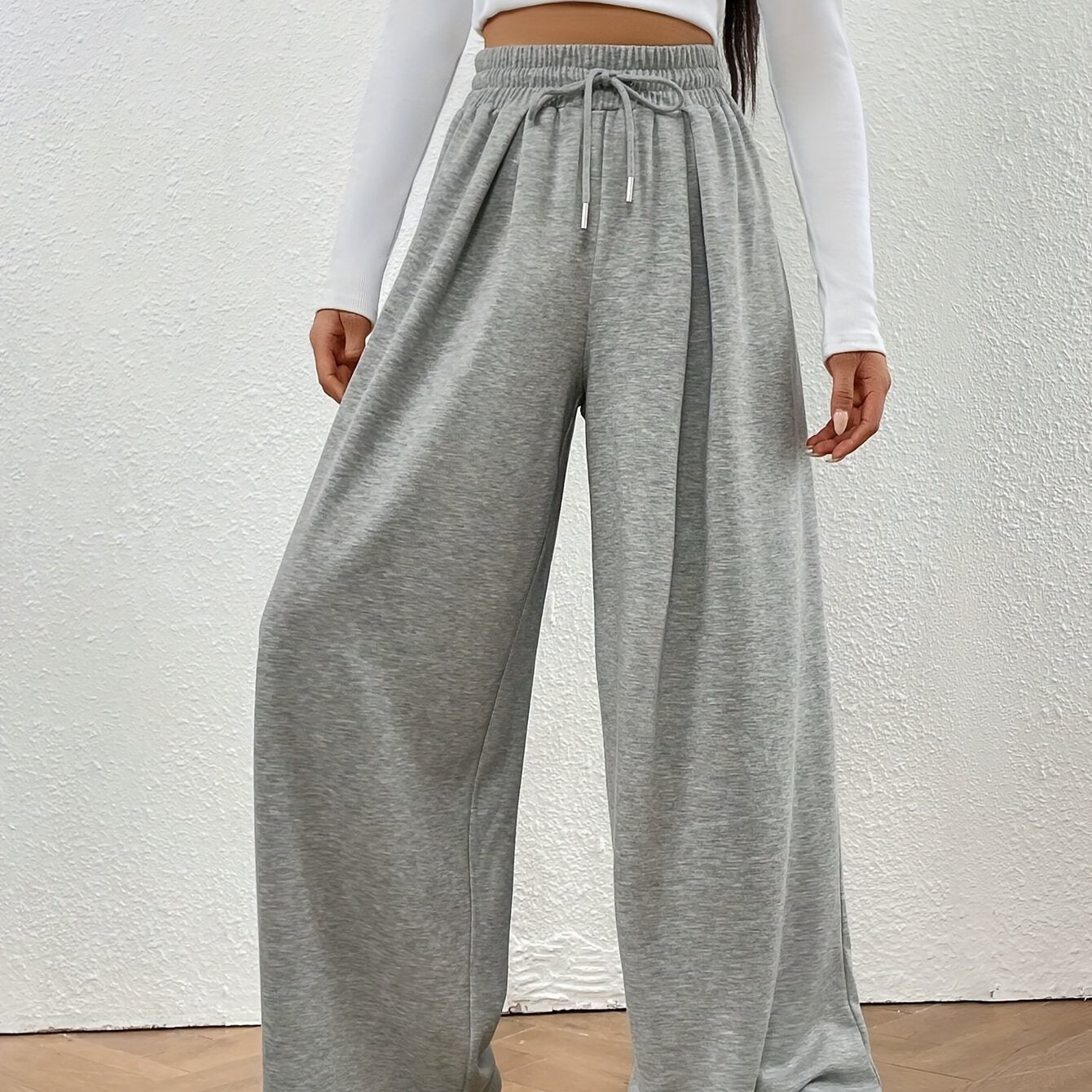 

Solid Drawstring Wide Leg Pants, Casual Elastic Waist Loose Pants, Women's Clothing