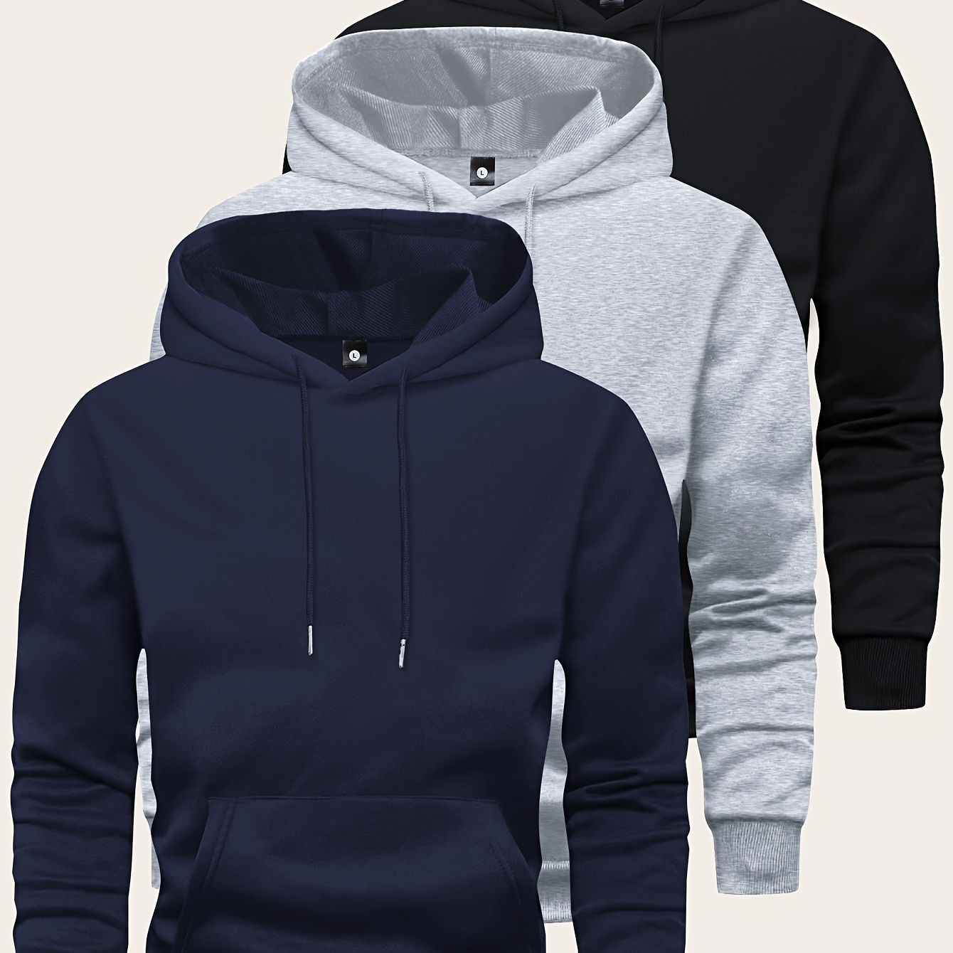 

3pcs Men's Hooded Sweatshirts - Casual Solid Color With Drawstring & Kangaroo Pocket, Long Sleeve Pullover For Spring/fall