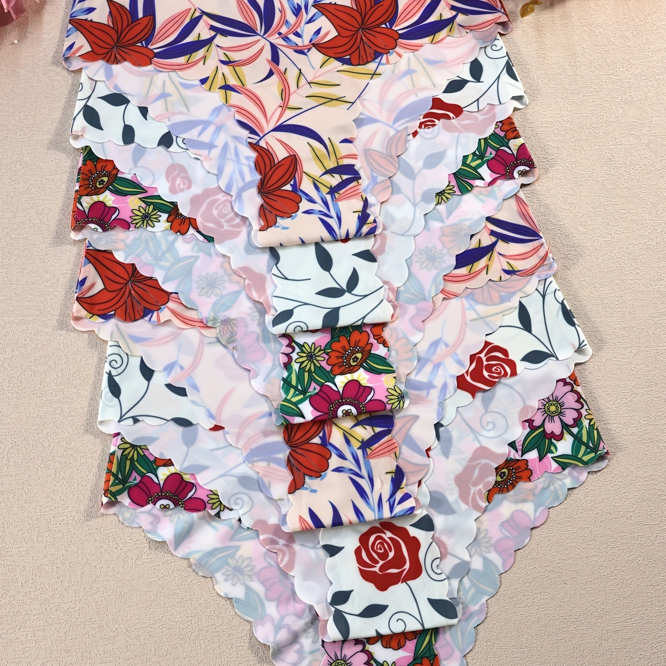 

6-pack Elegant Floral Print Women's Briefs, Seamless Knit Nylon Underwear With Wave Trim, Mid-waist, Quick-dry, Yoga & Dance Fit Panties