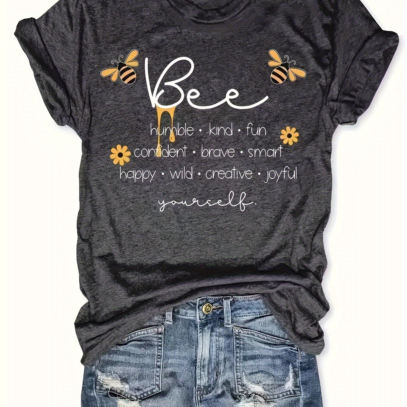 

Bee & Letter Print Summer T-shirt, Cute Short Sleeve Crew Neck Top, Women's Clothing