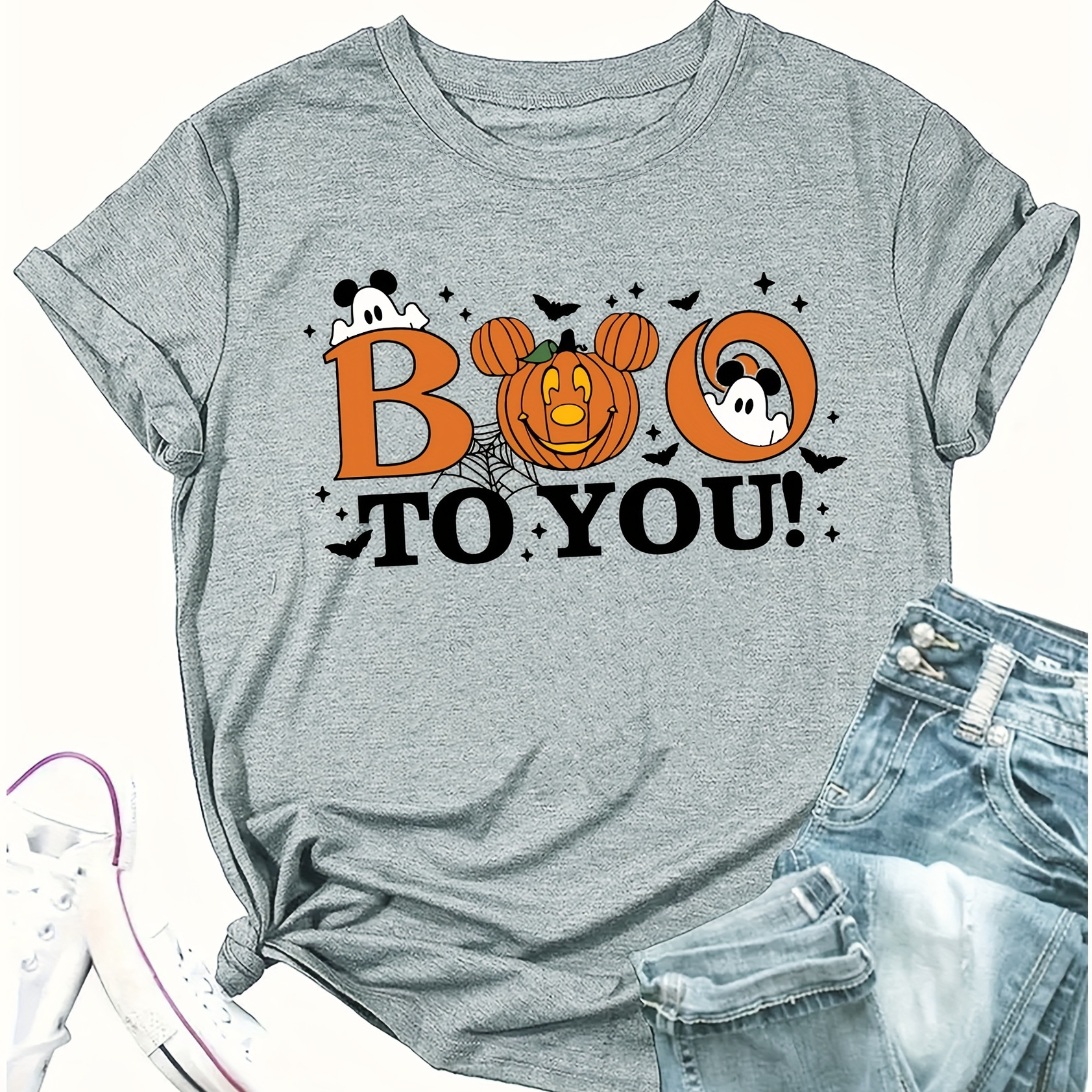 

Women's Graphic T-shirt - 100% Polyester Casual Crew Neck Knit Fabric Top With Boo Pumpkin Print, Regular Length, All Season