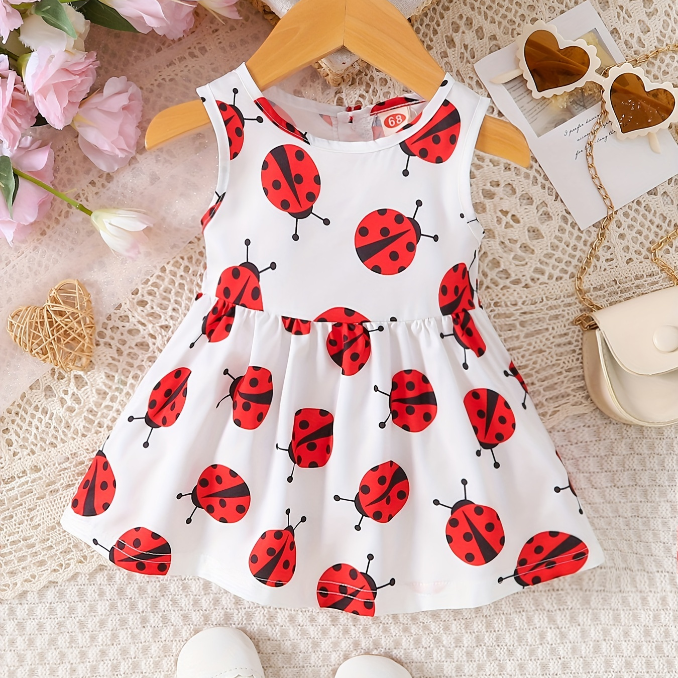 

Baby Cute Ladybug Print Sleeveless Dress, Child's Comfy Casual Clothes