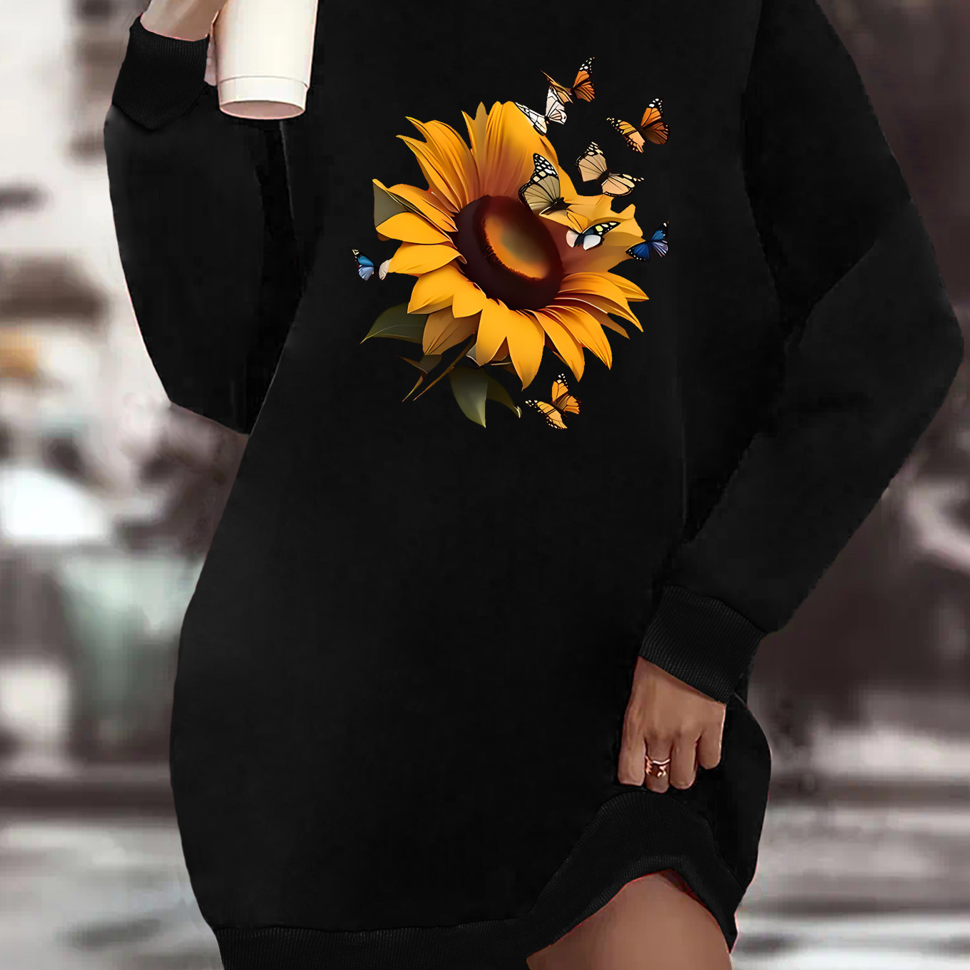 

Women's Plus Size Sunflower Print Sweatshirt Dress - Casual Crew Neck, Long Sleeve, Machine Washable - Perfect For Fall/winter