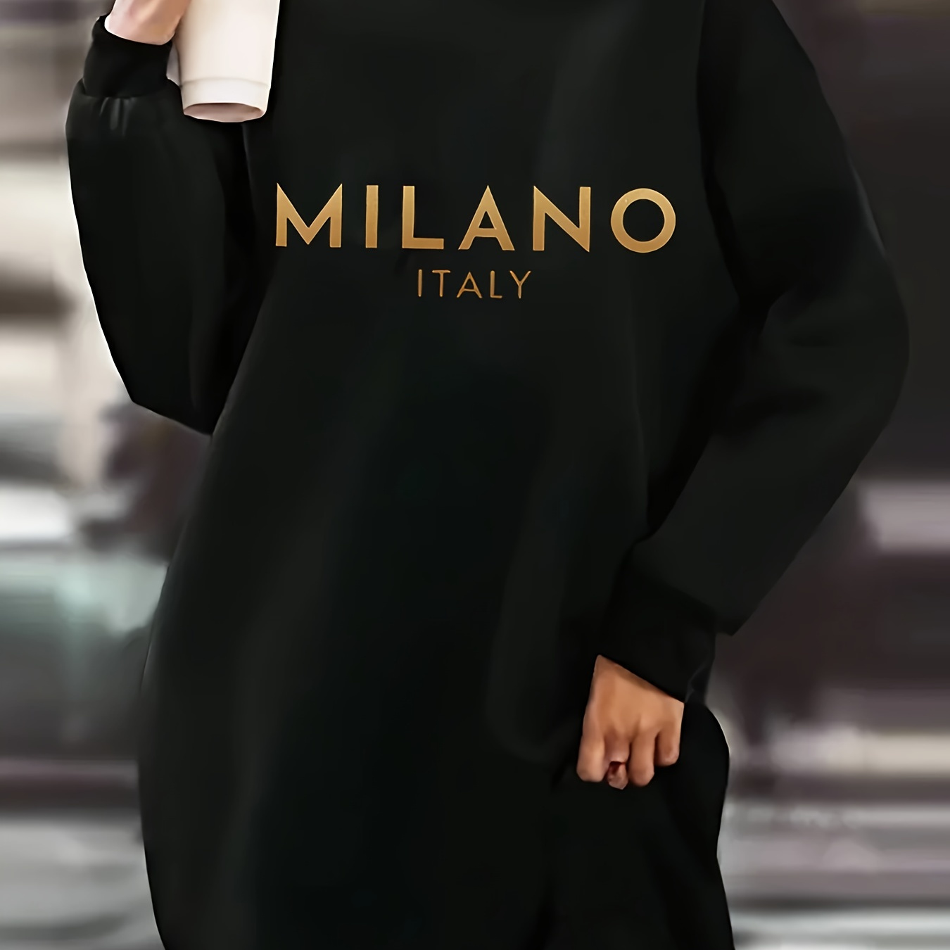 

Italy Letter Neck Sweatshirt Dress For Women, Casual Long Sleeve Midi Knit Polyester Dress, Loose Fit Pullover With Regular Sleeves, For All