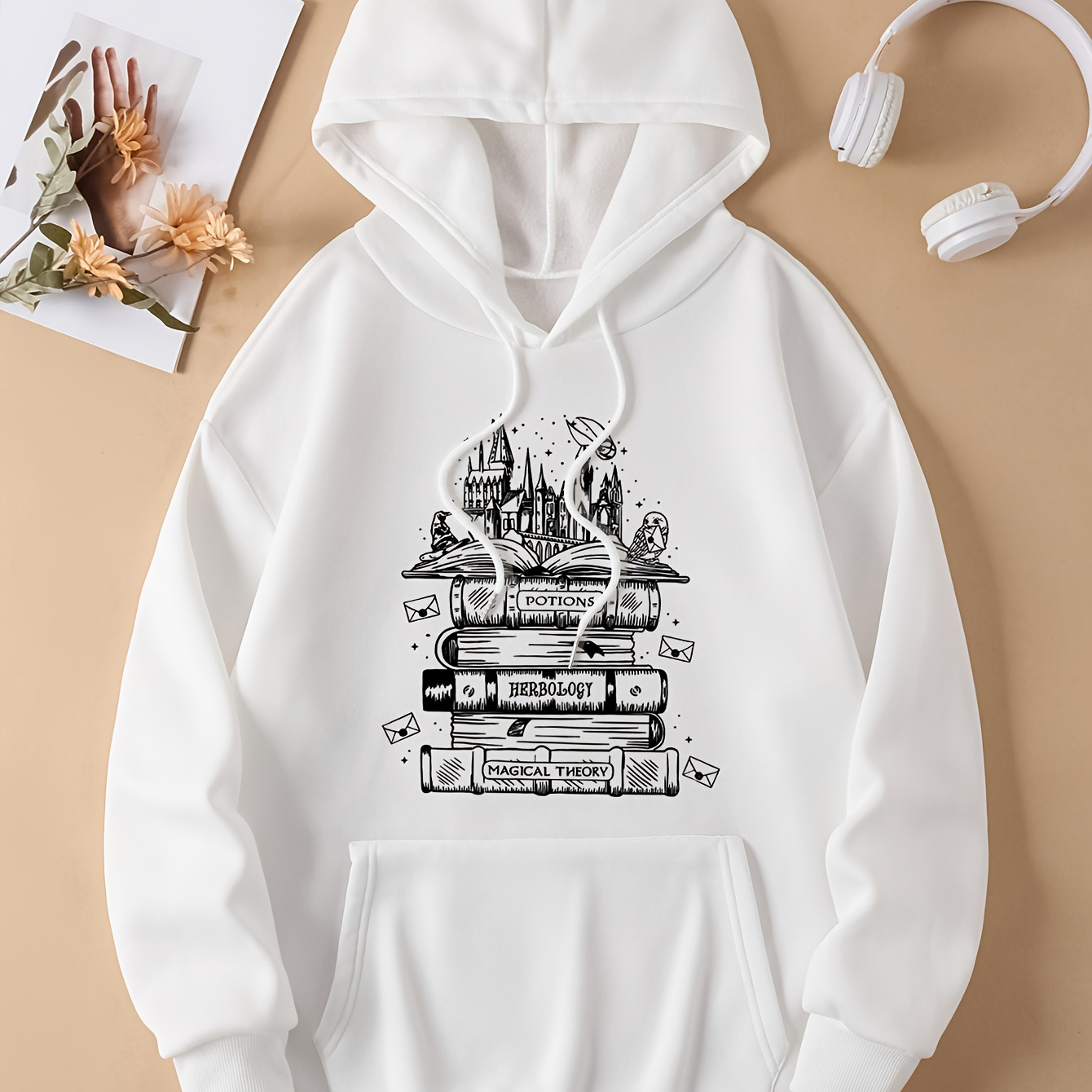 

Book Castle Print Drawstring Hoodie, Casual Long Sleeve Kangaroo Pocket Sweatshirt, Women's Clothing