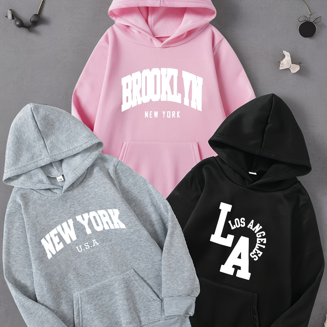 

Girls' Fashion Hoodie 3-pack With Polyester Lining, Casual Hooded Long Sleeve Pullover Sweatshirts With Pockets, Slight Stretch Knit Fabric, Solid & Letter-, For Spring/fall - Ages 12 & Under