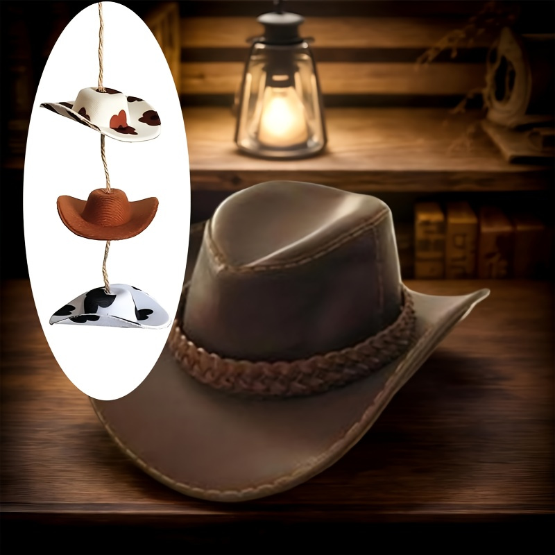 Anyhut 3-Piece Western Cowboy Hat Car Charms - Handmade Felt Rear View Mirror Decor With Sunflower & Cow Print, Cute Country Accessories For Women & Truck Owners