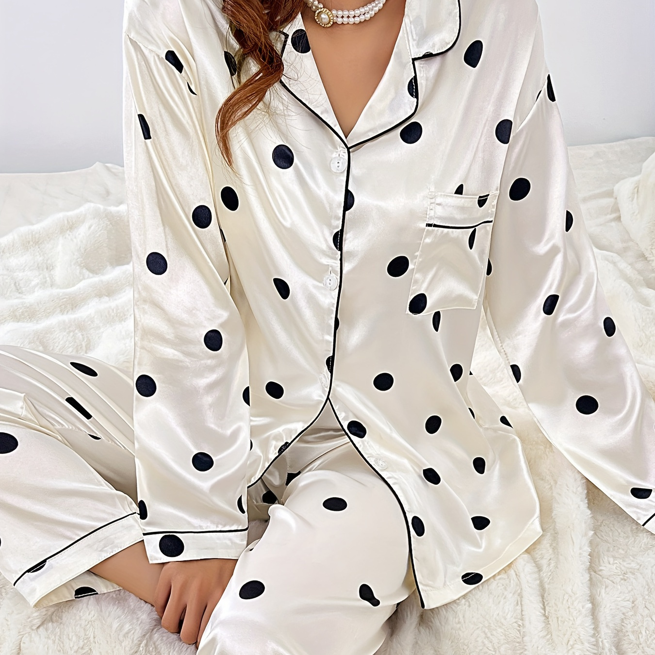 

Casual Dot Print Satin Lounge Set, Long Sleeve Button Up Lapel Collar Top & Pants, Women's Loungewear & Sleepwear