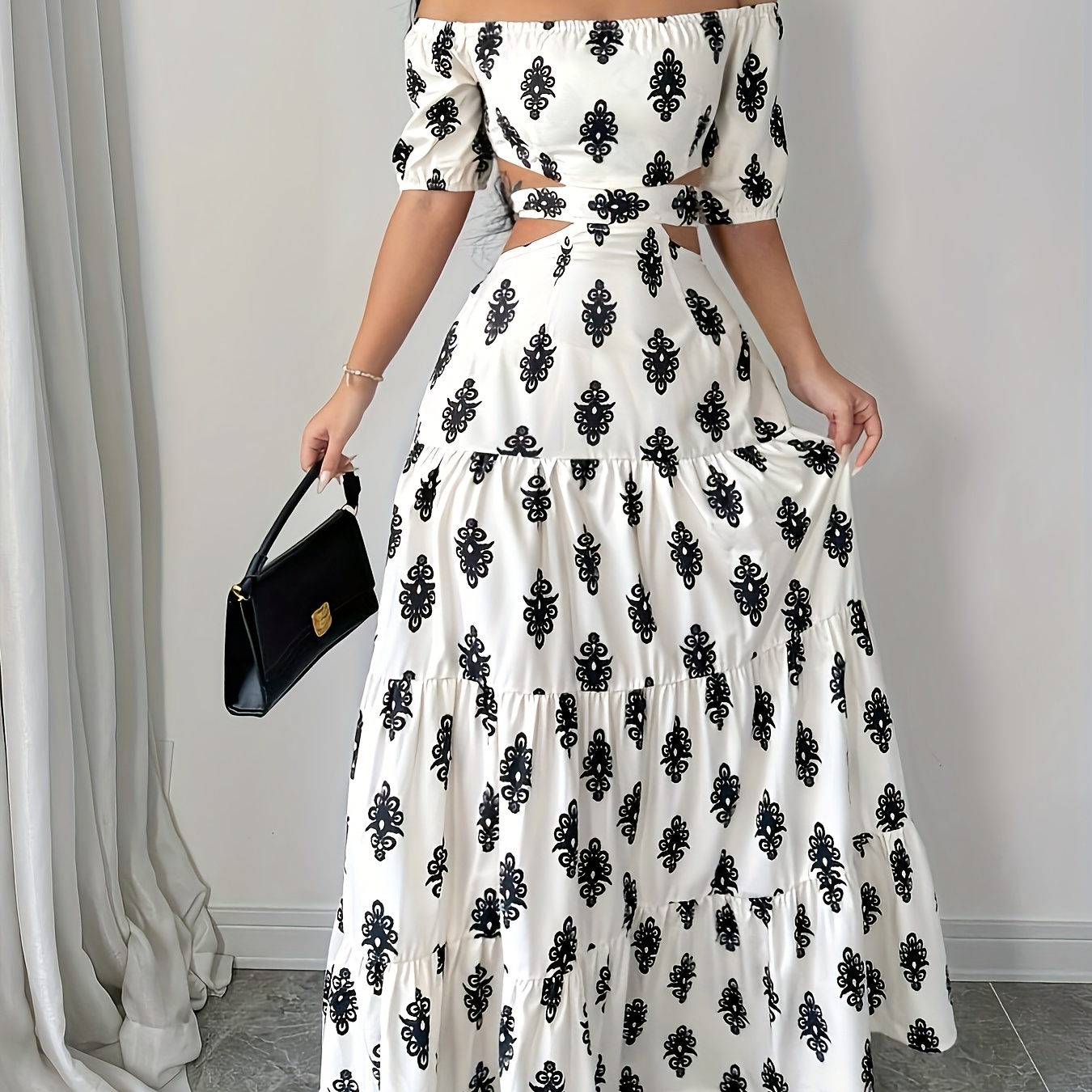 

Women' Elegant Printed Strapless Bow Belt A-line Dress