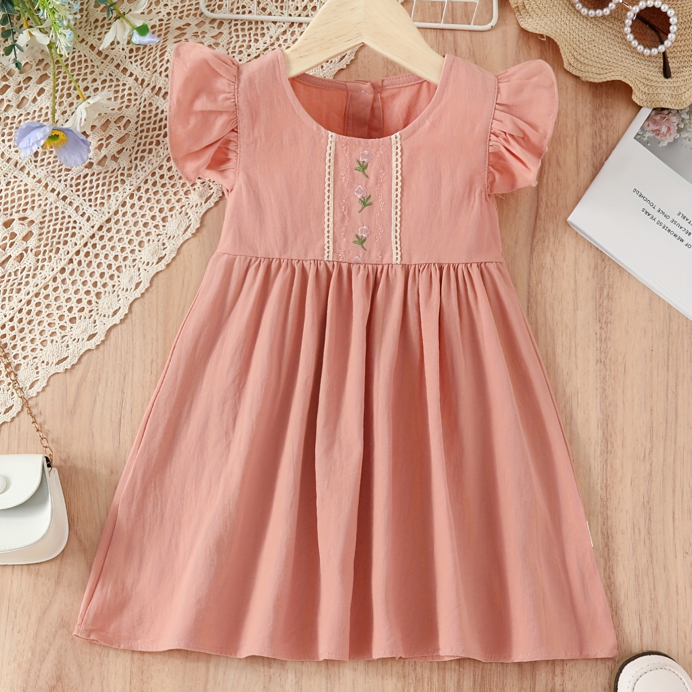 

Elegant Cotton Dress Flower Embroidery Girls Flutter Sleeve Dresses For Party, Birthday