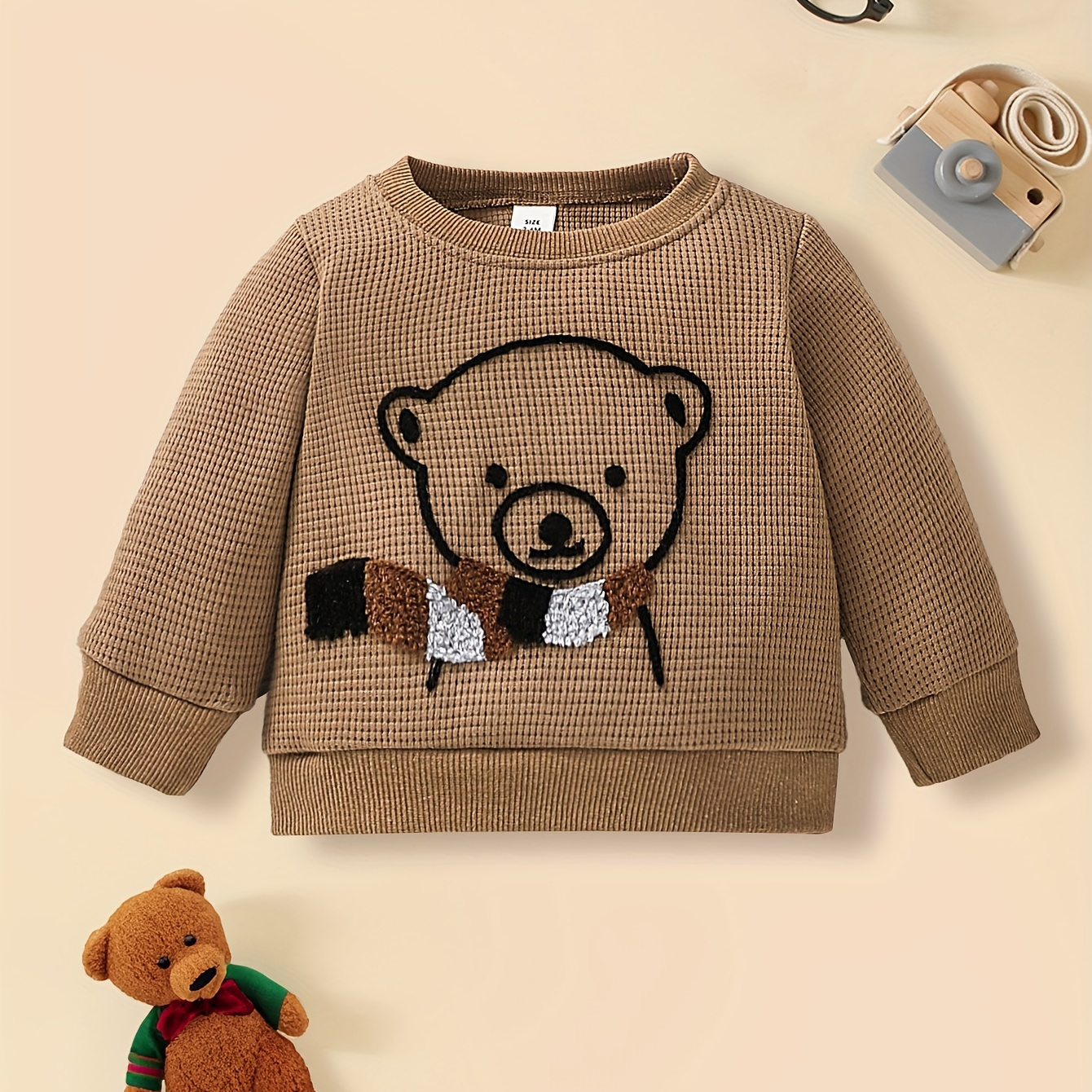 

Boy's Cute 3d Embroidery Bear New Sweatshirt Top, Toddler Baby's Long Sleeve Round Neck Knitted Pullover For Spring And Autumn