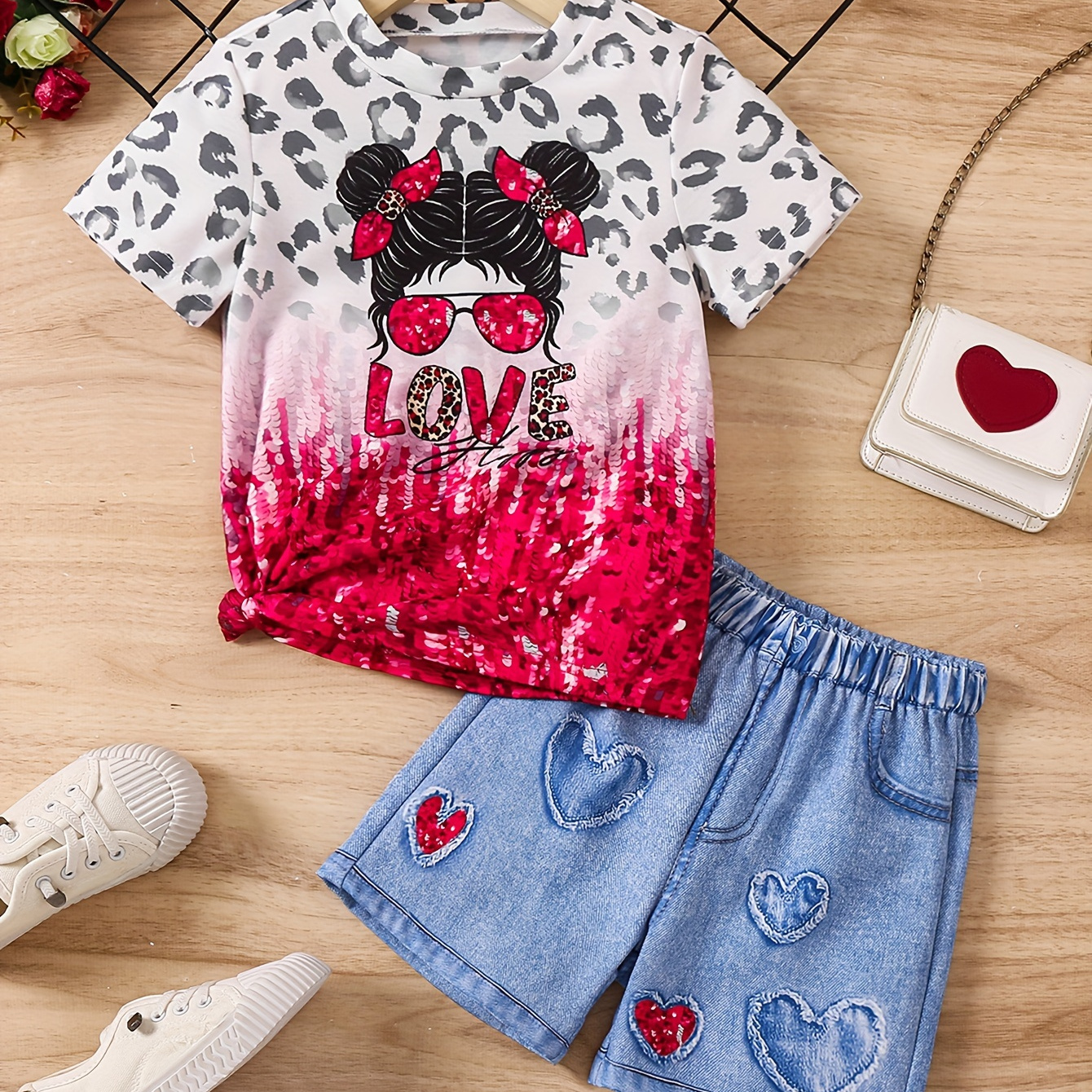 

Girl's Outfit Gradient Color Portrait Print Short Sleeve Top + Patterned Legging Shorts Set Two-piece Daily Holiday Summer Clothes