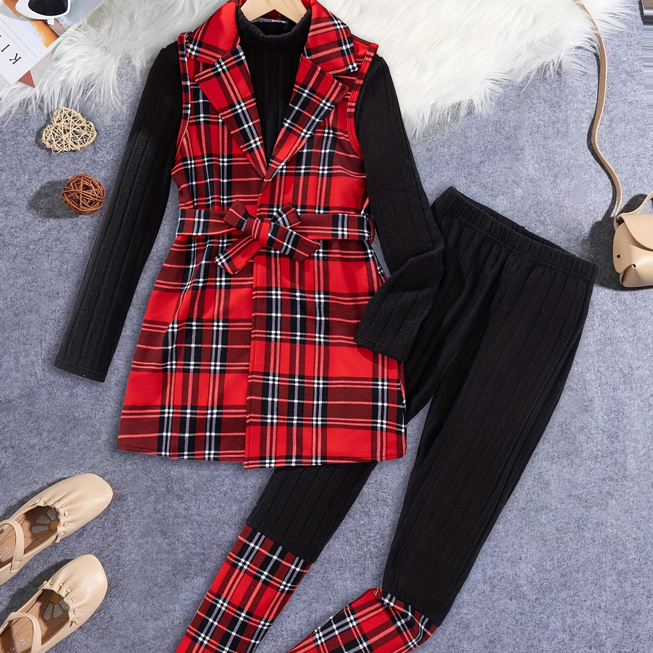 

3pcs ' Outfit Set - Sleeveless , Long Top & Pants For Fall/ Christmas, For