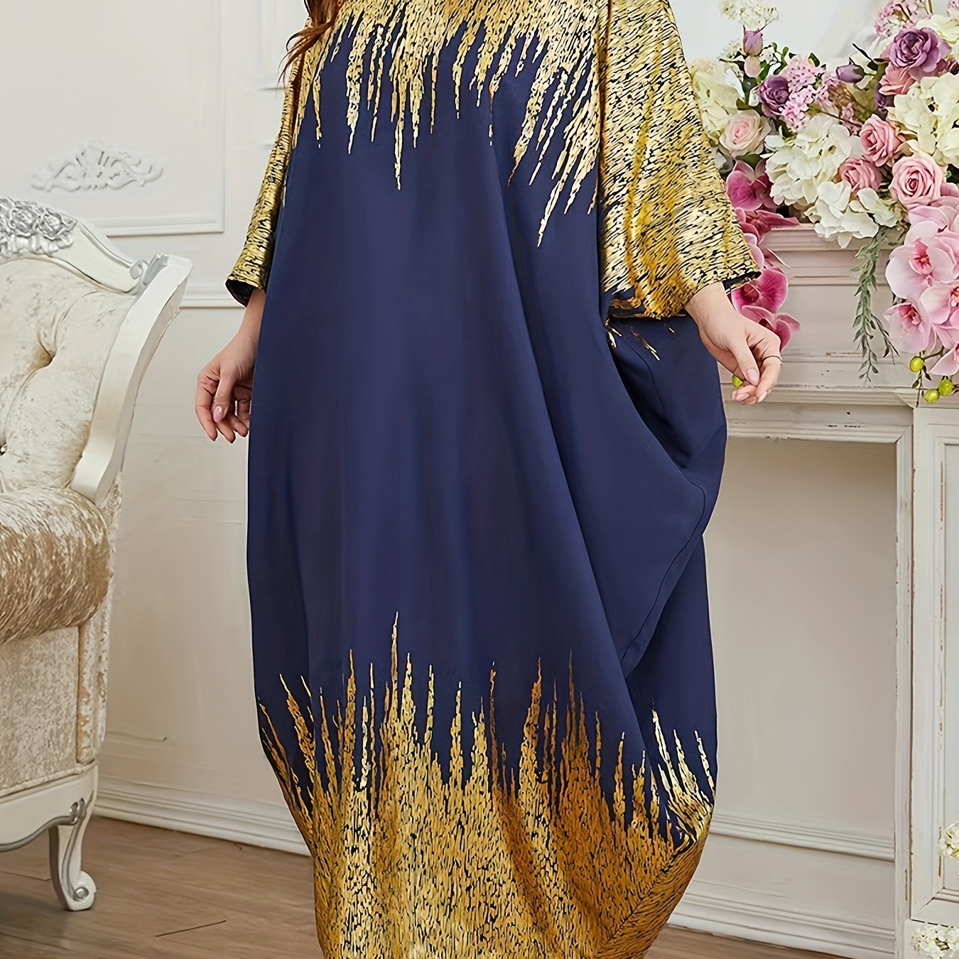 

Ramadan Color Block Kaftan, Elegant Batwing Sleeve Maxi Dress, Women's Clothing