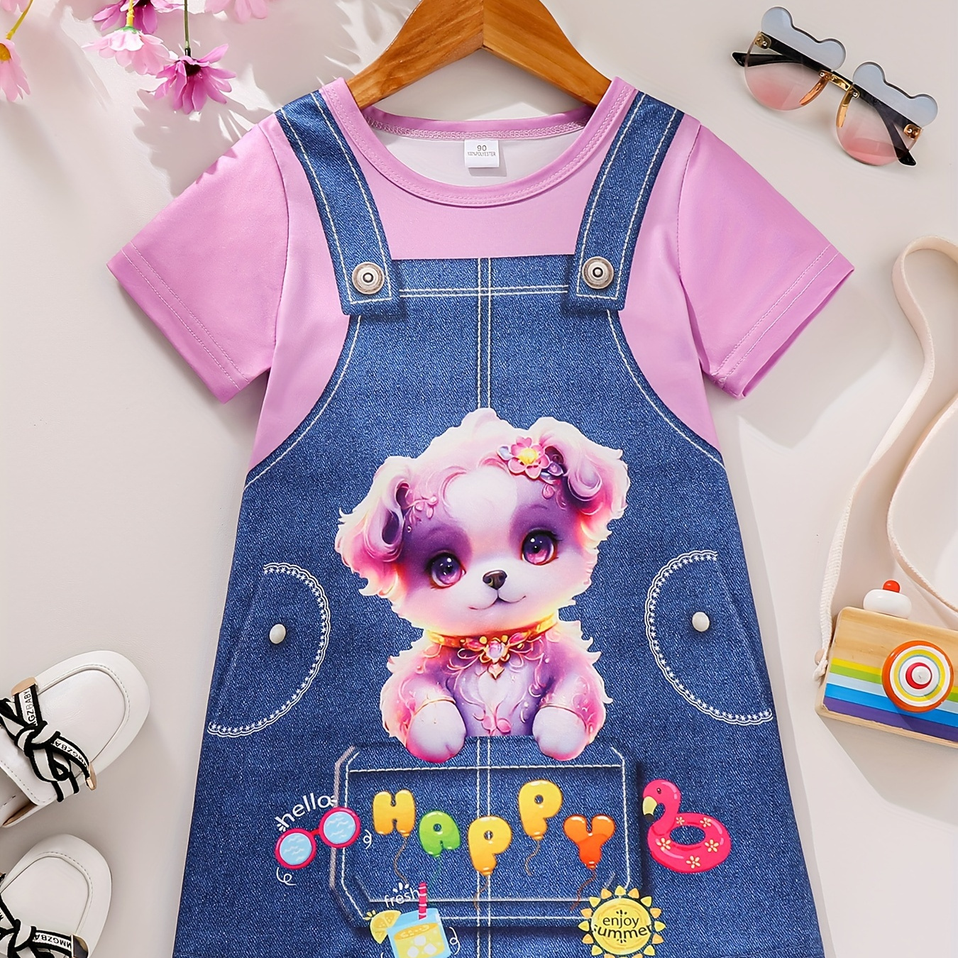 

Puppy & Suspender 3d Pattern T-shirt Dress For Girls Comfy Holiday Casual Dresses, Summer Clothing Gift