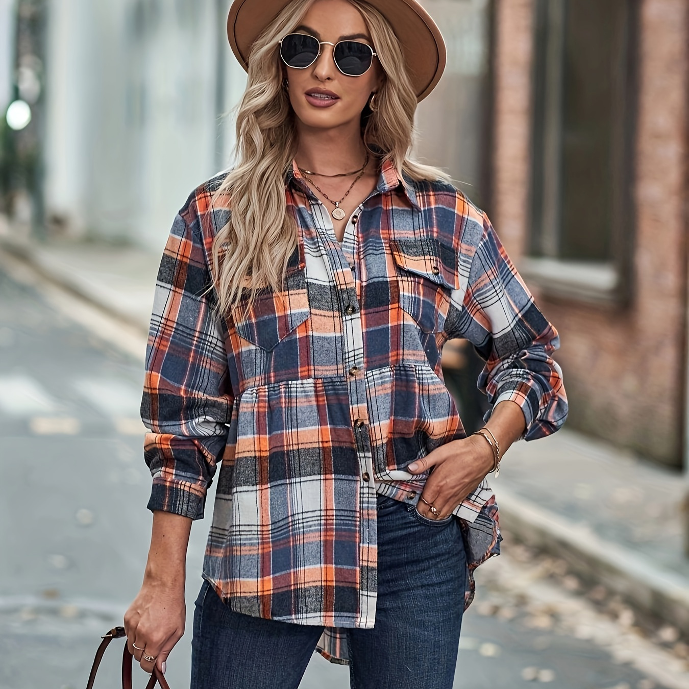 

Plaid Print Vintage Shirt, Casual Button Front Long Sleeve Shirt, Women's Clothing