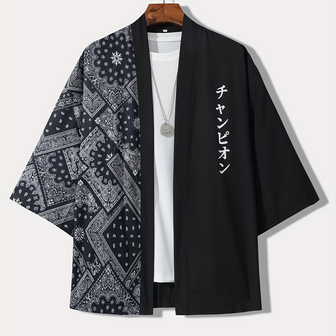 

Men's Casual Kimono Style Paisley & Japanese Letter Print Loose Fit Open Front Shirt, Men's Clothes For Summer Vacation Resort Photograph