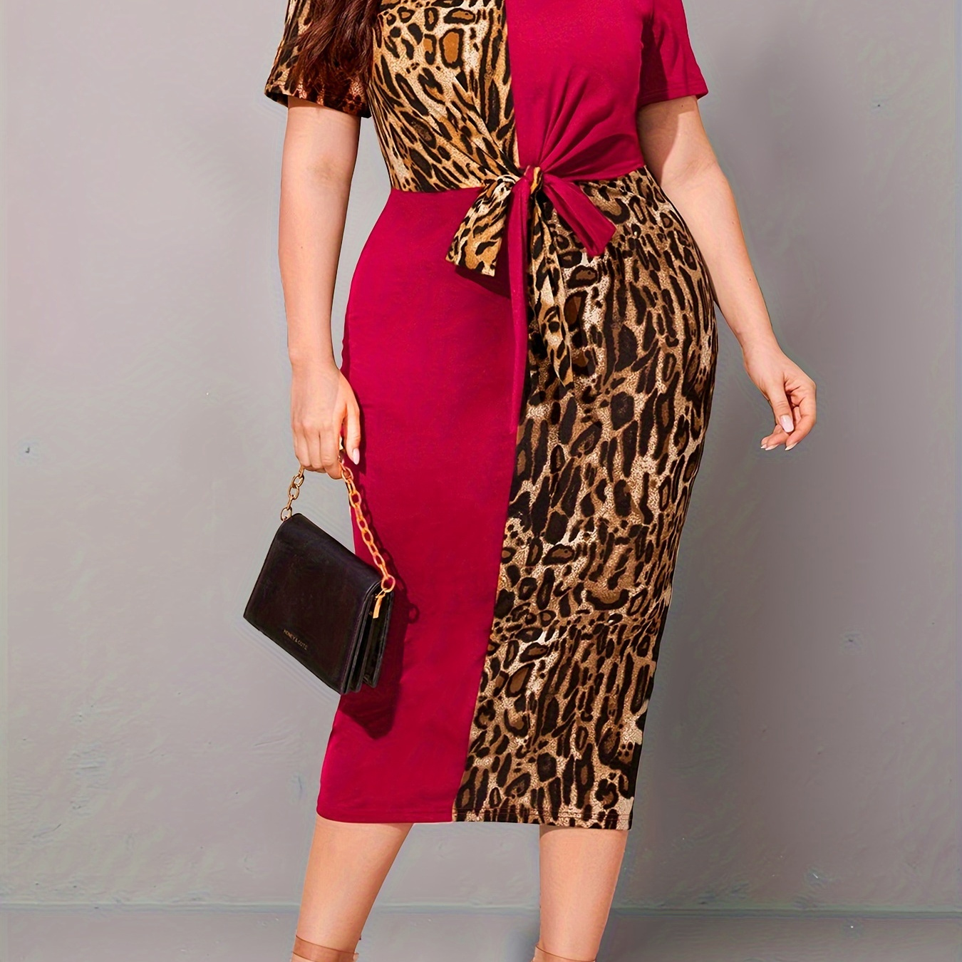 

Plus Size Leopard Print Dress, Casual Short Sleeve V Neck Dress For Spring & Summer, Women's Plus Size clothing