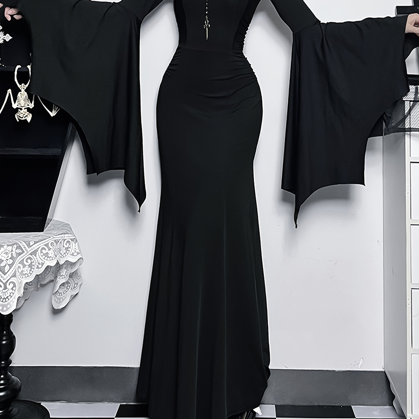 

Goth Long Flare Sleeve A-line Dress, Solid Color V Neck Maxi Length Dress For Spring & Fall, Women's Clothing