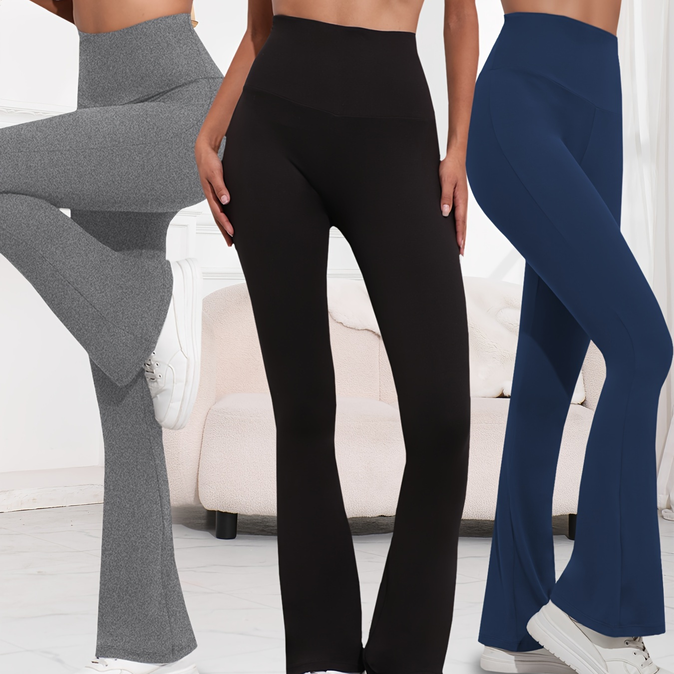 

3-pack Women's High Waisted Flare Leggings, Tummy Control Bootcut Bell Bottoms, 92% Polyester 8% Spandex, Solid Color, Long Length, All- Knit Fabric, Skinny Contour, 190g/m² - Adult