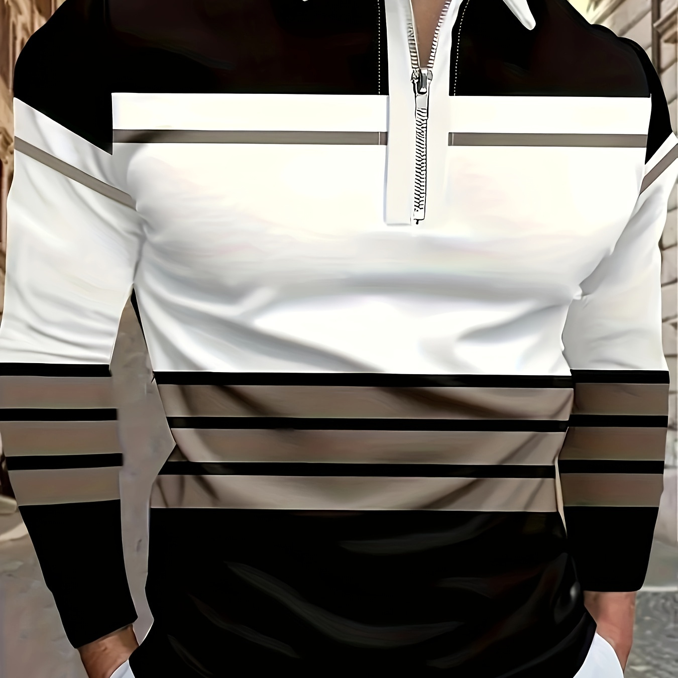 

Men's Casual Long Sleeve Zip Collar Shirt - 100% Polyester Knit Fabric, Spring/fall Geometric Striped Shirt With Slight Stretch And Zipper Detail