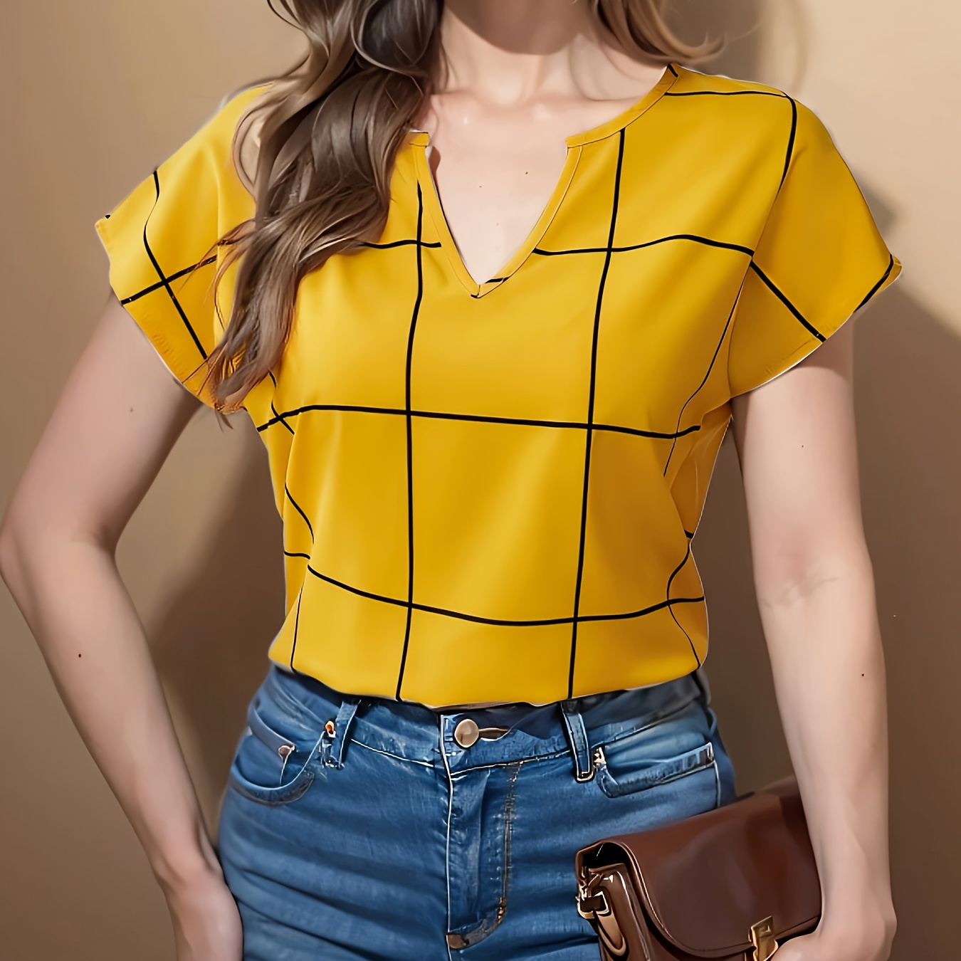 

Women's Short-sleeved Dress Shirt With Collar, Suitable For Office Work. Features Grid Pattern And Floral Notch Collar. Perfect For Spring And Summer Casual Wear, Women's Clothing.