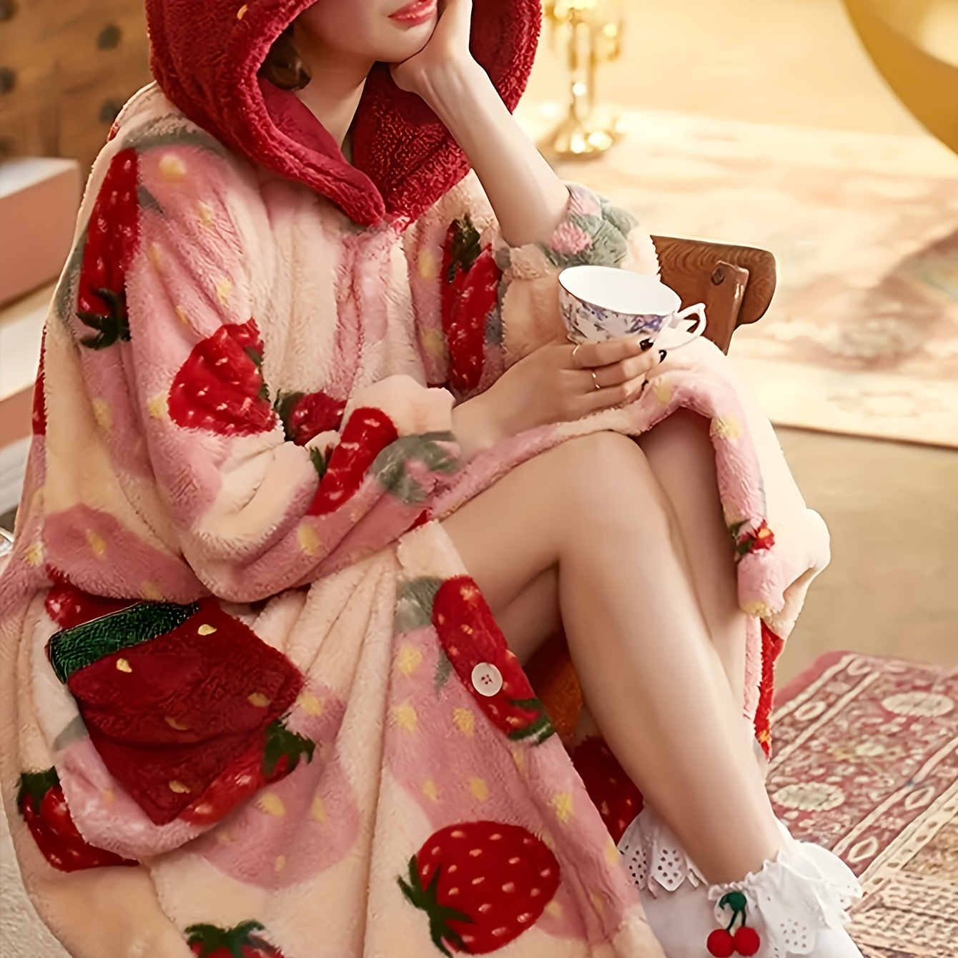 

Strawberry Print Plush Thickened Night Robe, Cute Long Sleeve Buttons Hooded Sleep Robe, Women's Sleepwear For Fall/ Winter