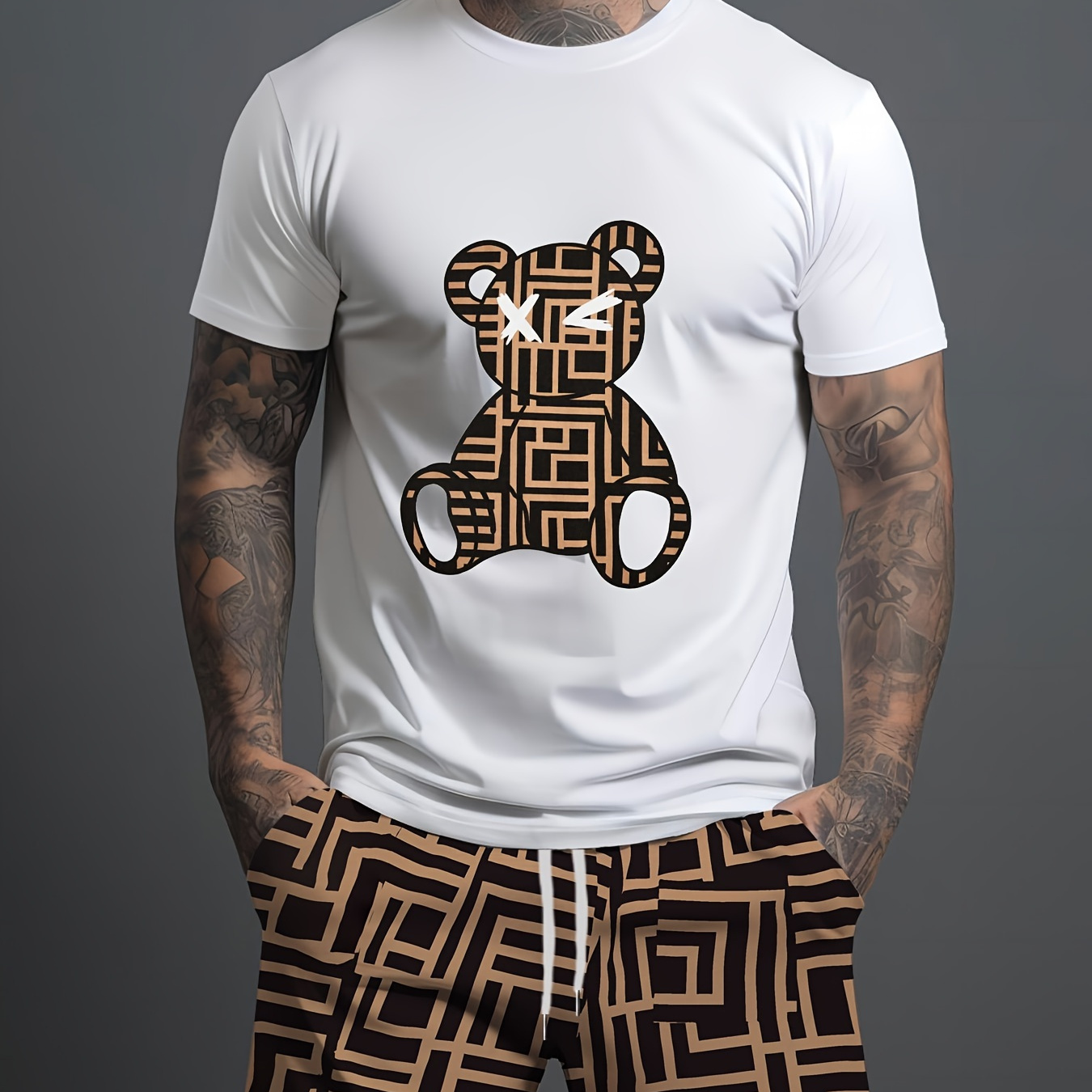 

Men's Bear & Squares Pattern Graphic Print T-shirt & Shorts Co Ord Set For Summer, 2pcs Outfits