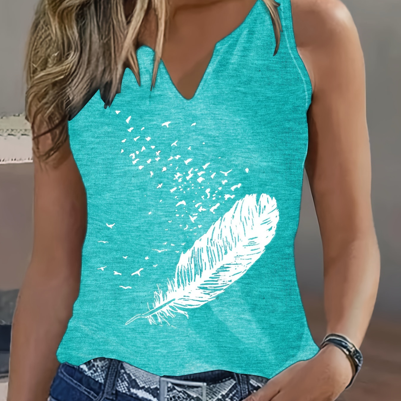 

Feather Print Notched Neck Tank Top, Casual Sleeveless Tank Top For Spring & Summer, Women's Clothing