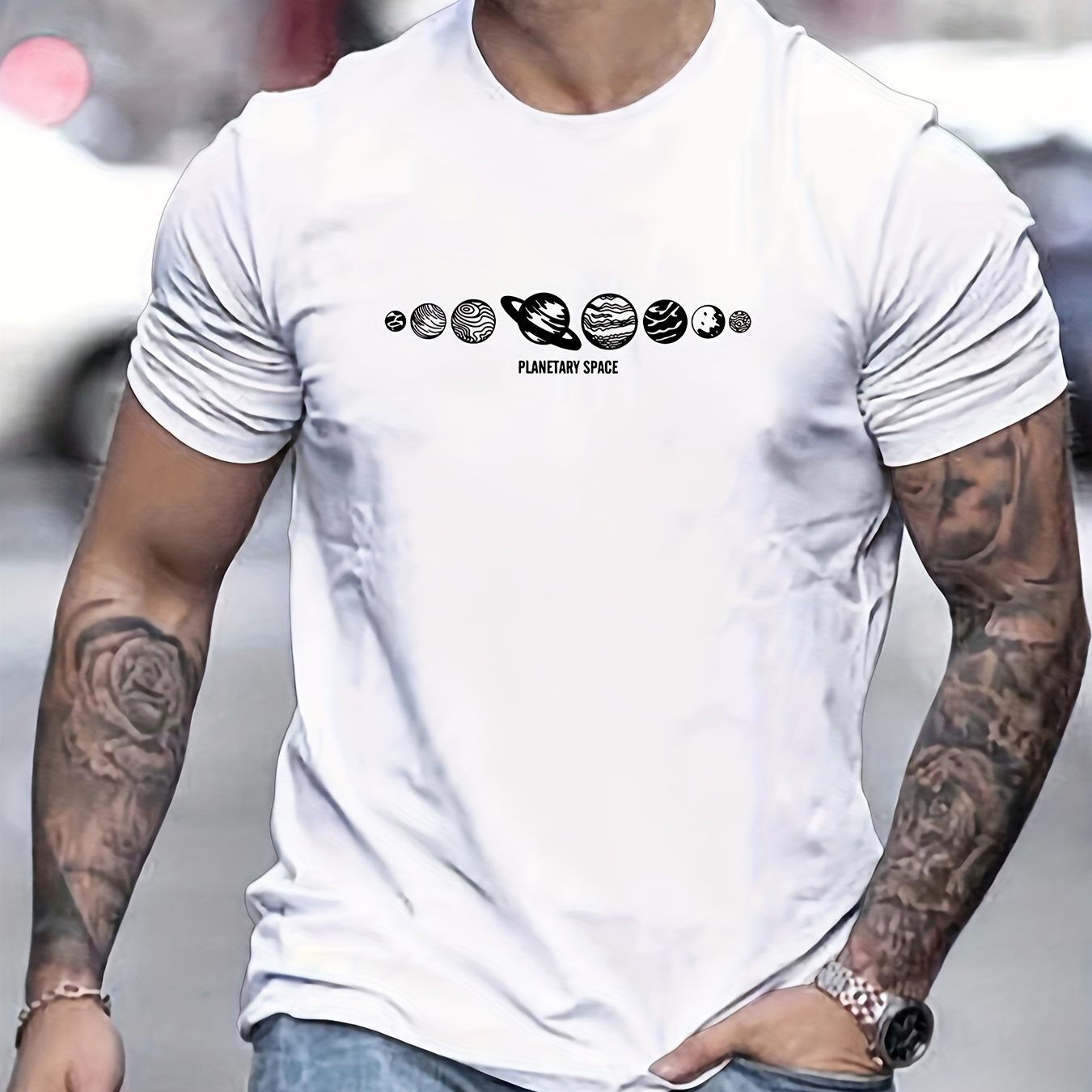 

Planet Space Pattern Print T-shirt, Tees For Men, 100% Cotton Comfortable Casual Short Sleeve T-shirt For Summer
