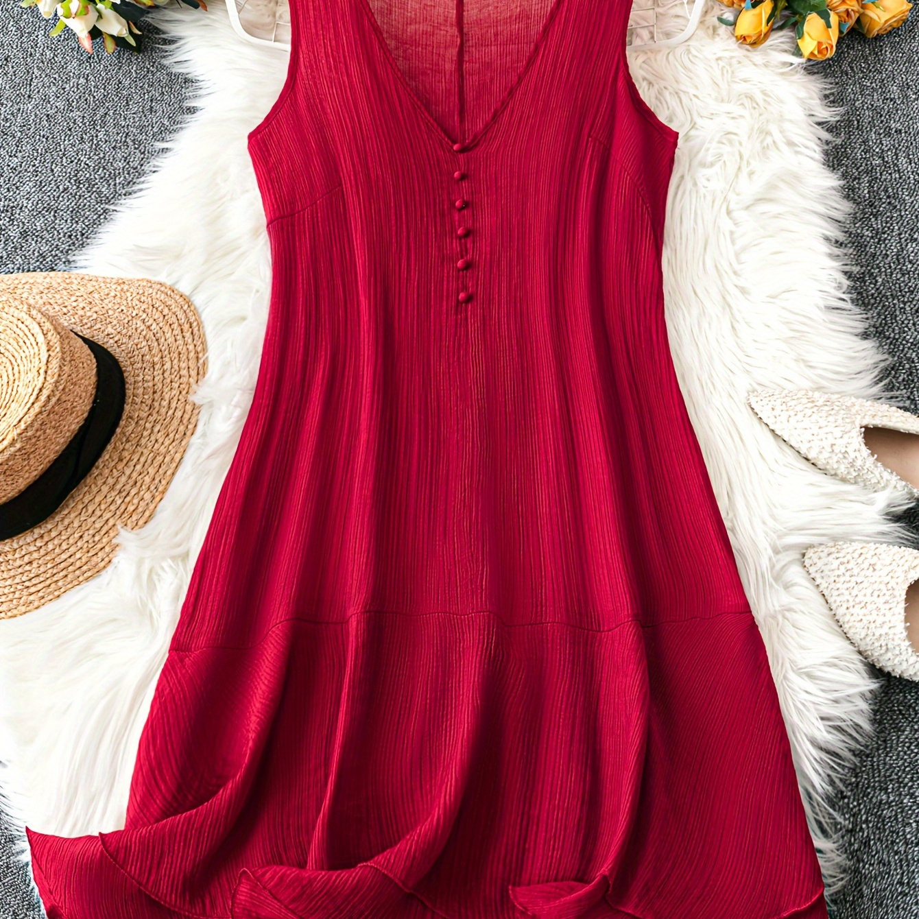 

Plus Size Solid Fake Button Dress, Casual V Neck Sleeveless Tank Dress For Spring & Summer, Women's Plus Size Clothing