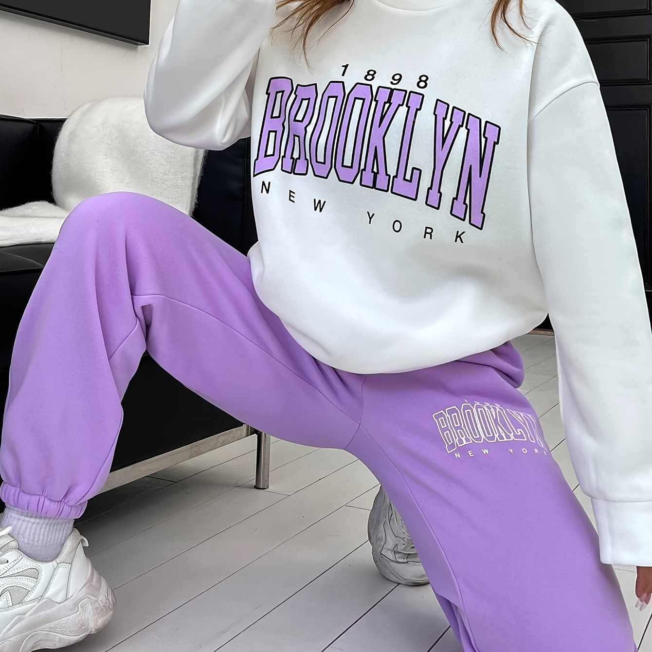 

2 Pcs Sweatshirt & Pants Set, Long Sleeve Sweatshirt & Waist Sweatpants, Women's Clothing