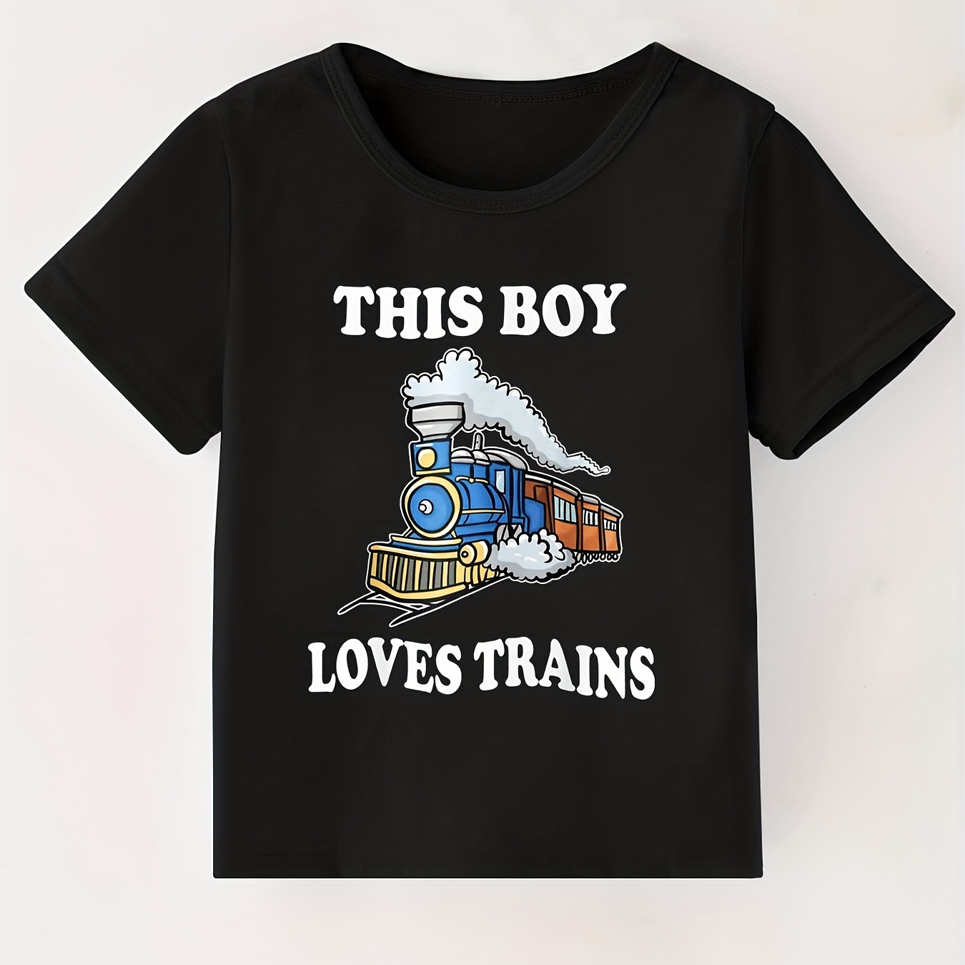 

This Boy Loves Trains Letter Print T Shirt, Tees For Kids Boys, Casual Short Sleeve T-shirt For Summer Spring Fall, Tops As Gifts