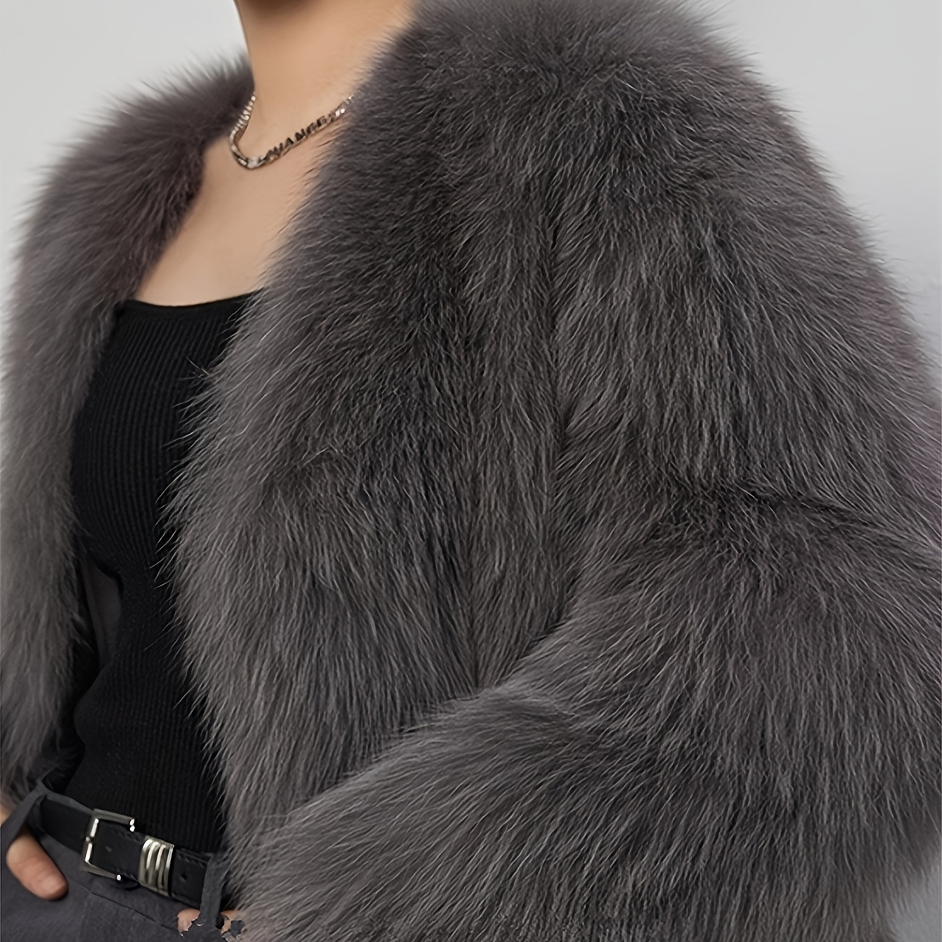 

Elegant Light Gray Fur Women's Jacket - Chic Long Sleeve, Soft & Cozy Polyester Outerwear For Fall & Winter, Non-sheer With Knit Fabric Detailing