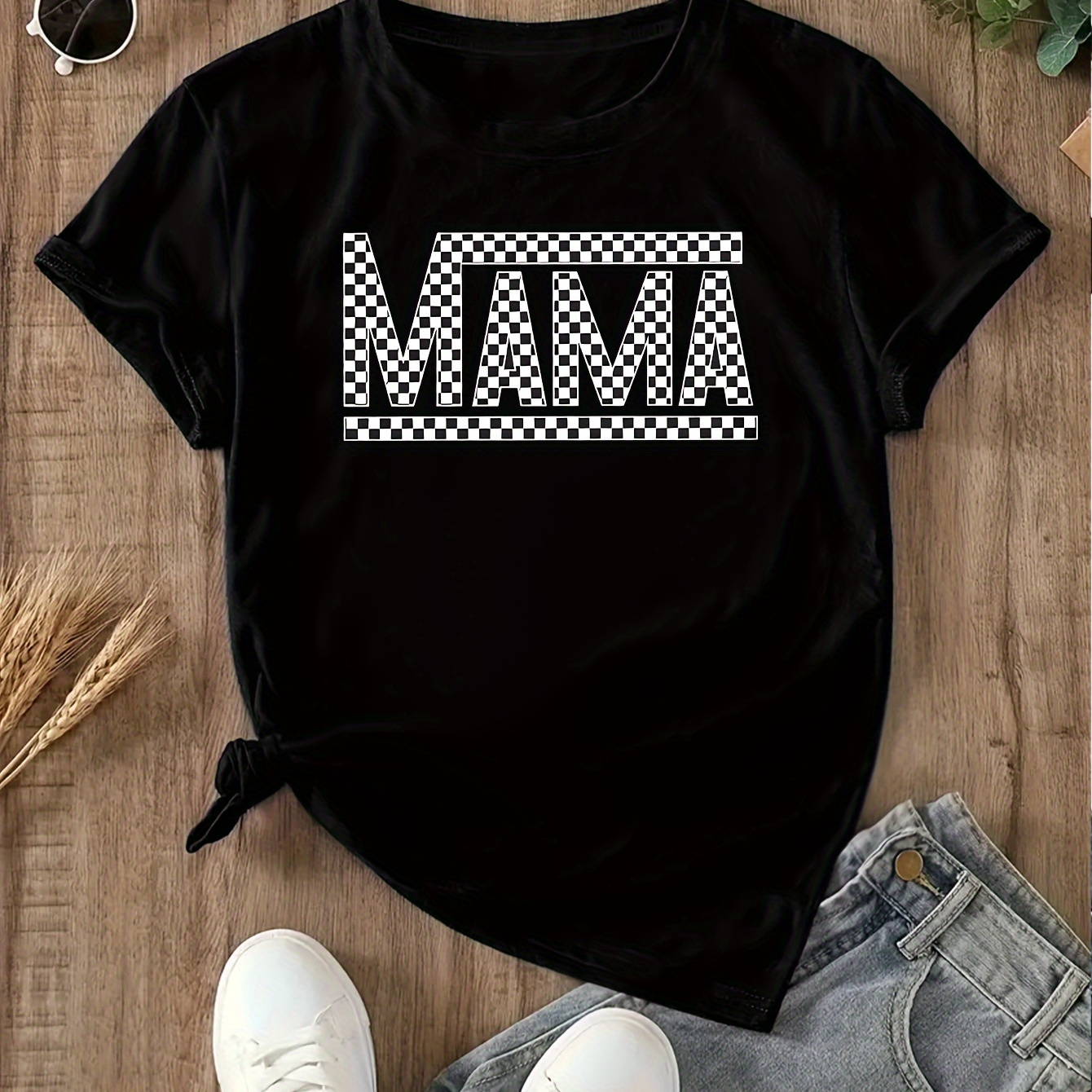 

Mama Letter & Checkerboard Print Casual T-shirt, Round Neck Short Sleeves Versatile Sports Tee, Women's Comfy Tops