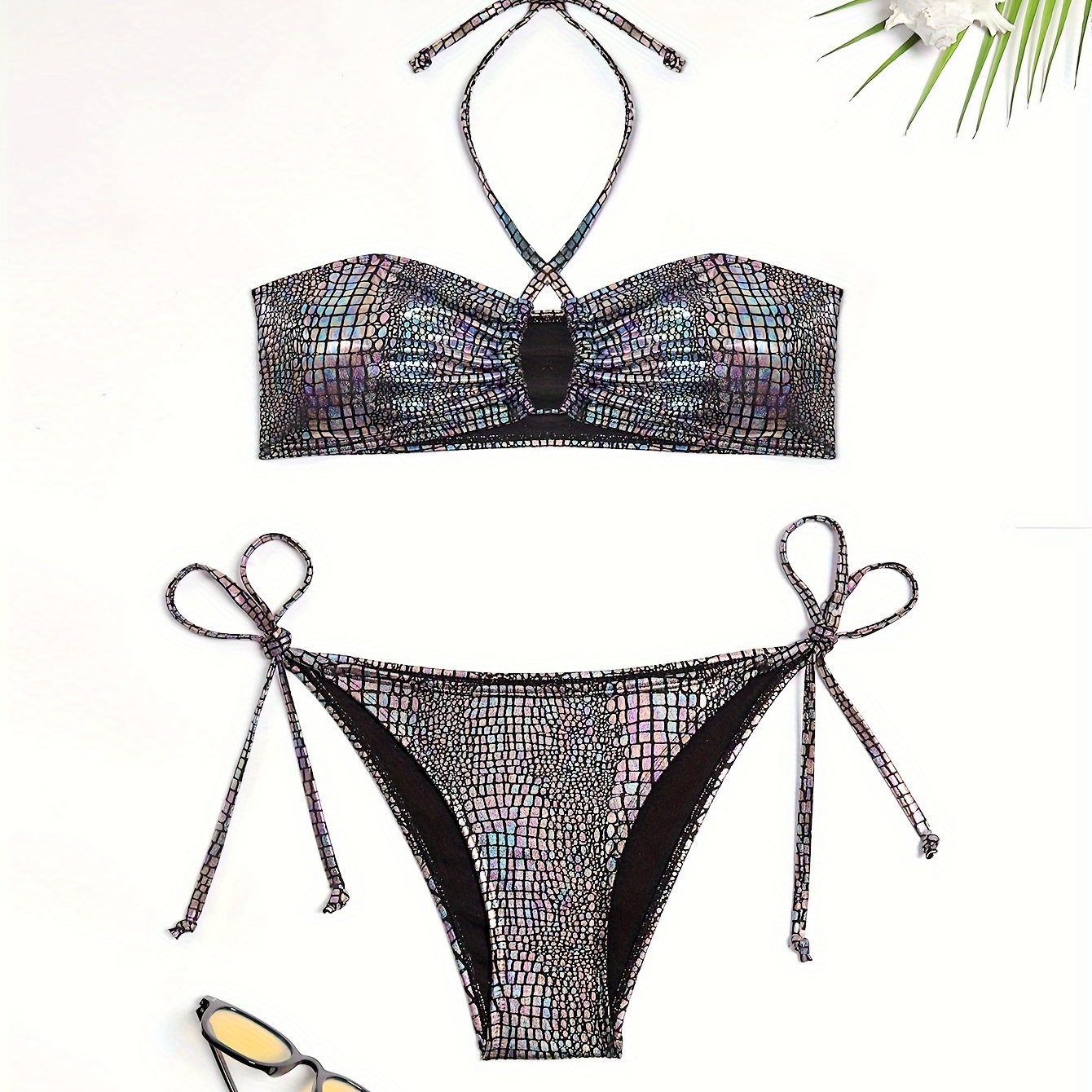 

Women's Shimmering Tie-up Bikini Set, Adjustable Swimwear, Metallic Color, Two-piece Beach Suit, Summer Fashion Essentials