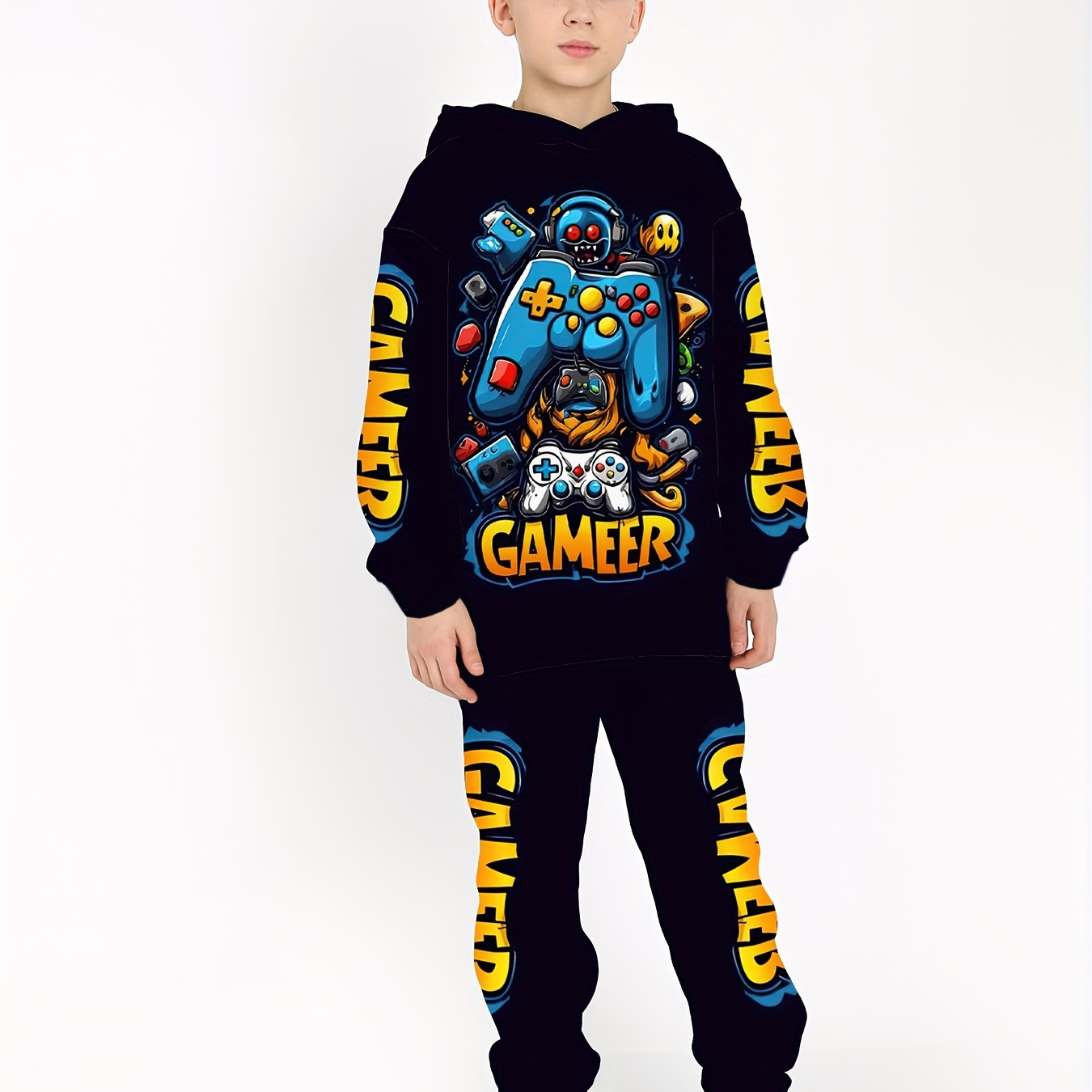 

2pcs Boy's '' Gamepad Long Sleeve Hooded Sweatshirt + Pants, Co-ord Set For And As