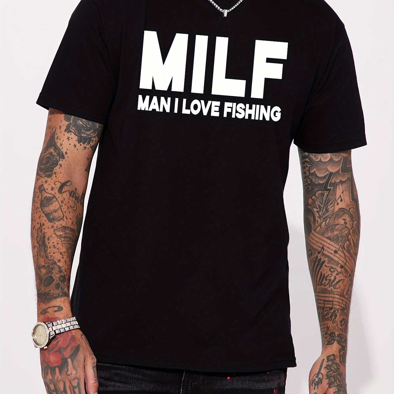

Milf Man I Love Fishing Alphabet Print Crew Neck Short Sleeve T-shirt For Men, Casual Summer T-shirt For Daily Wear And Vacation Resorts