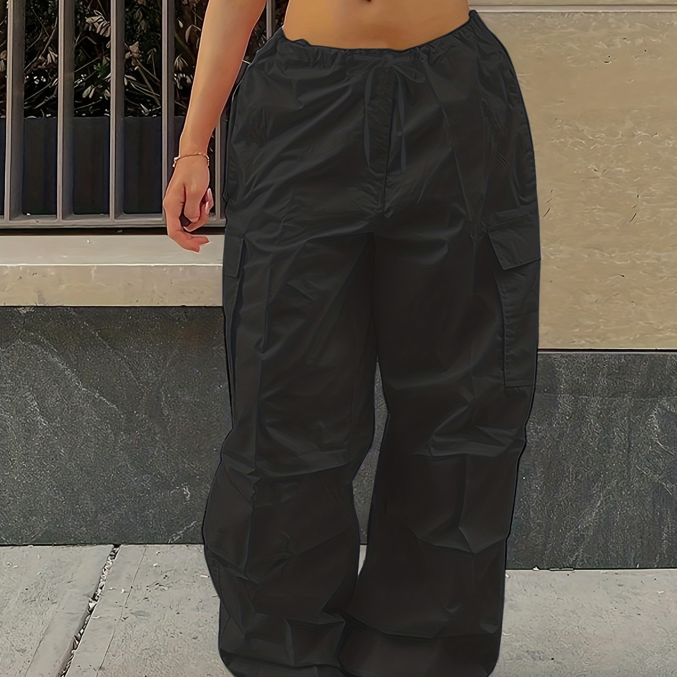 One Side Square Pocket Wide Leg Cargo Pants, Loose Baggy Fit Straight ...
