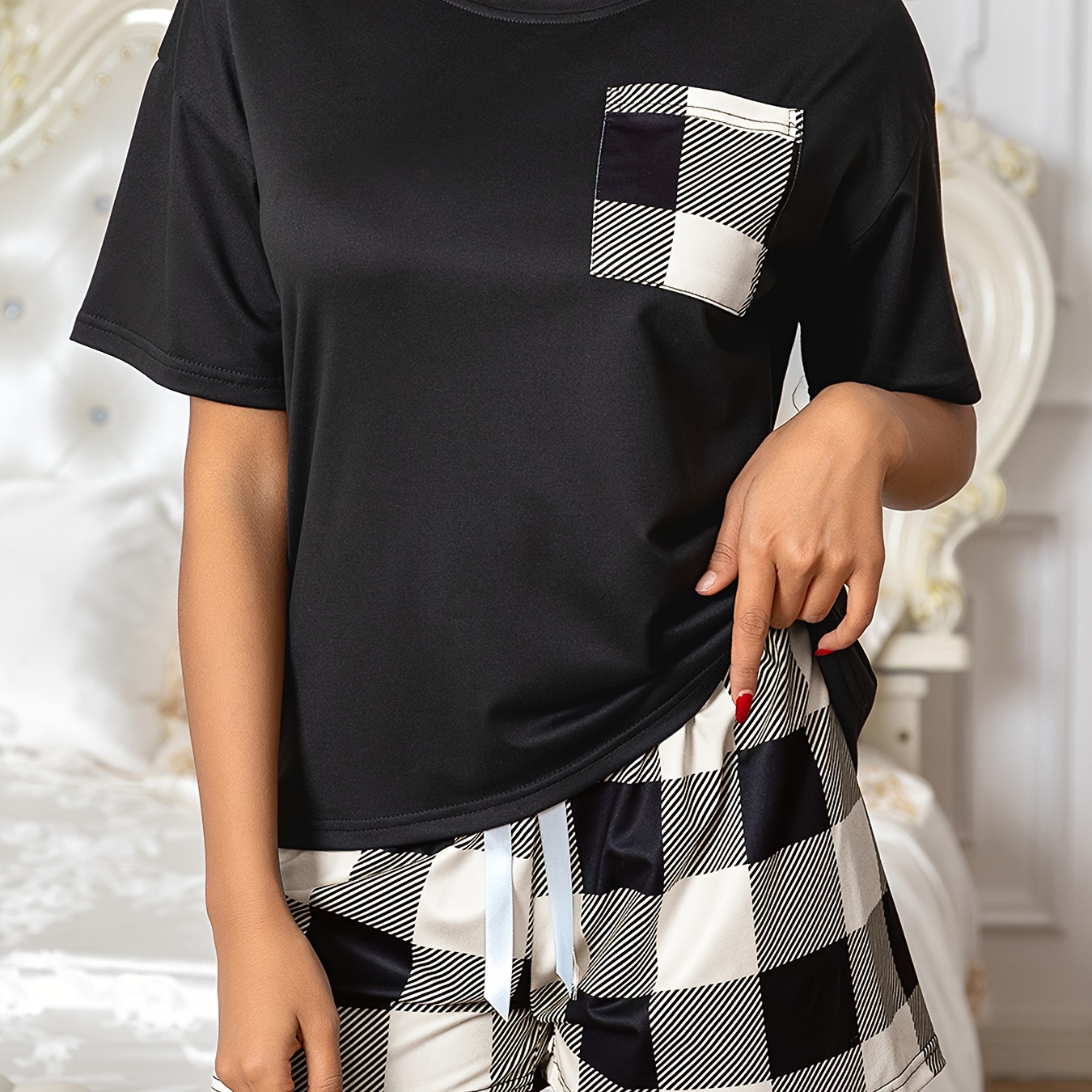 

Colorblock Plaid Print Pajama Set, Casual Short Sleeve Round Neck Top & Bow Shorts, Women's Sleepwear
