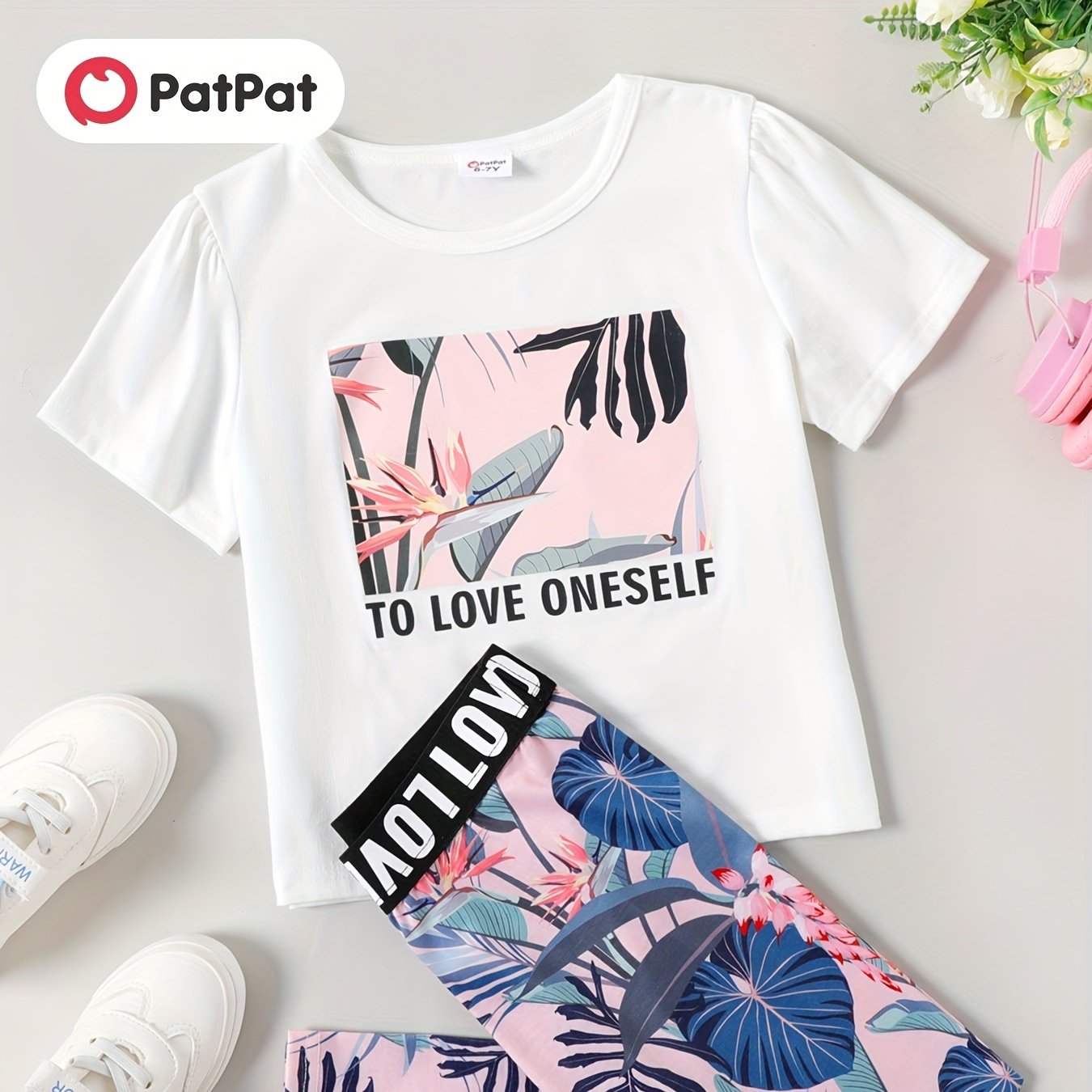 

Patpat 2pcs Kid Girl Casual Letter Leaf Print Round Neck Short-sleeve Tee And Elasticized Leggings Set For Spring & Autumn/fall