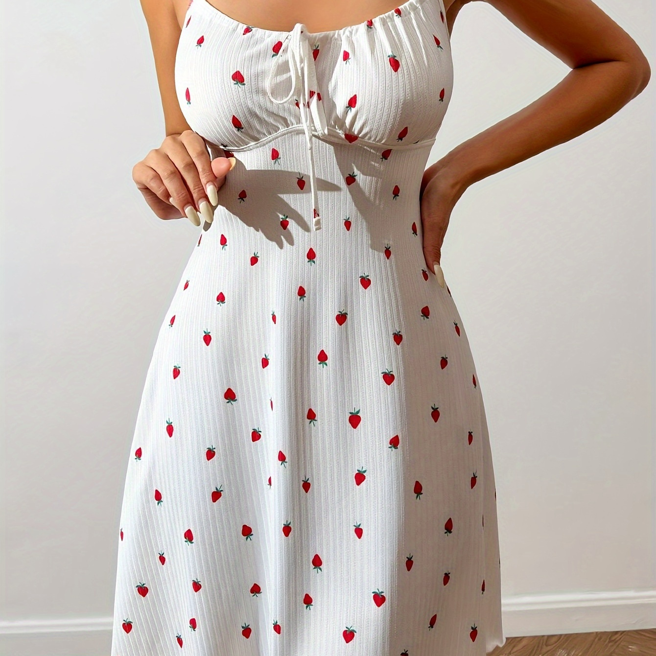 

Strawberry Print Ribbed Nightgown, Cute Lettuce Trim Round Neck Front Tie Backless Slip Dress, Women's Sleepwear